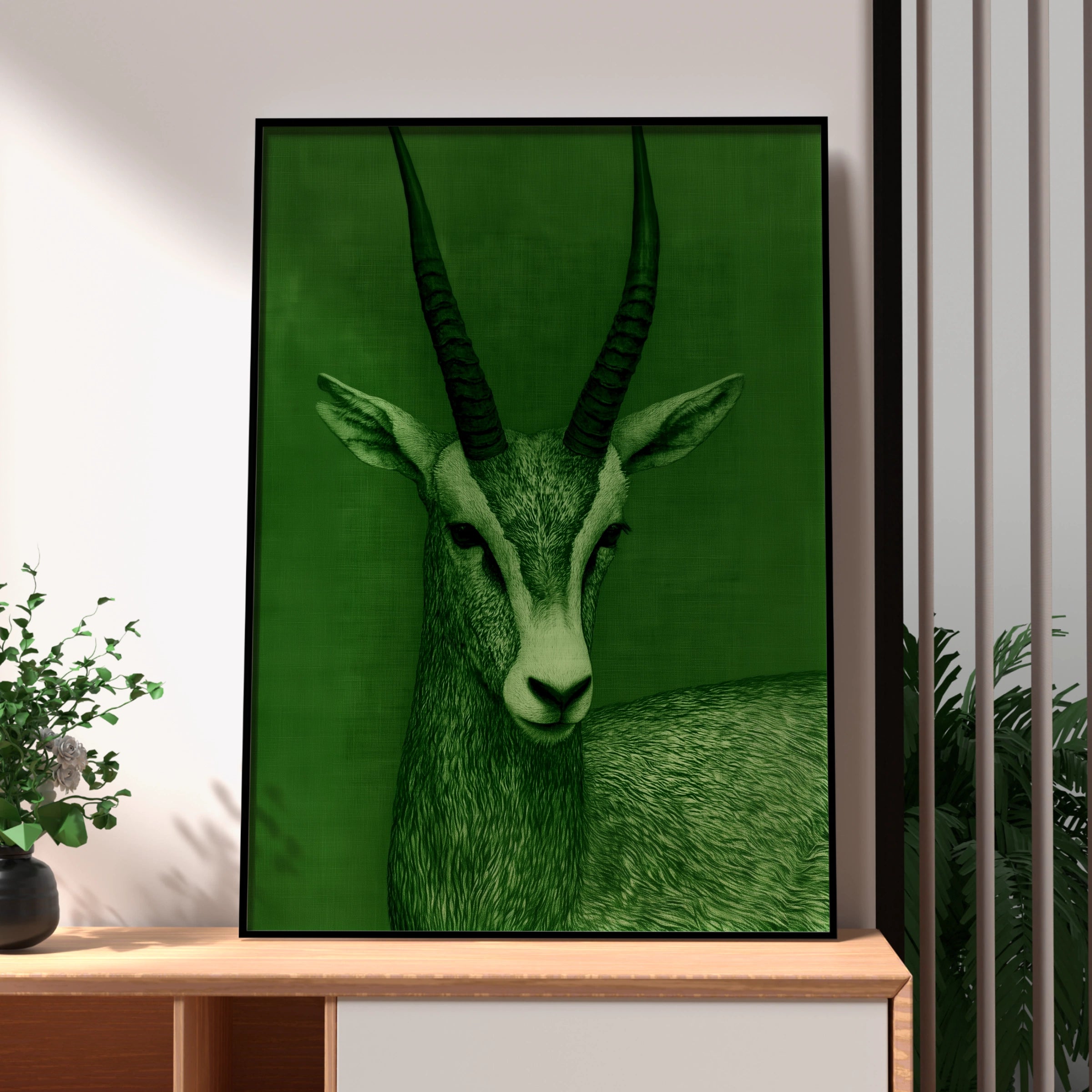 Antelope Portrait Poster, Green Wildlife Wall Art, Modern Animal Print