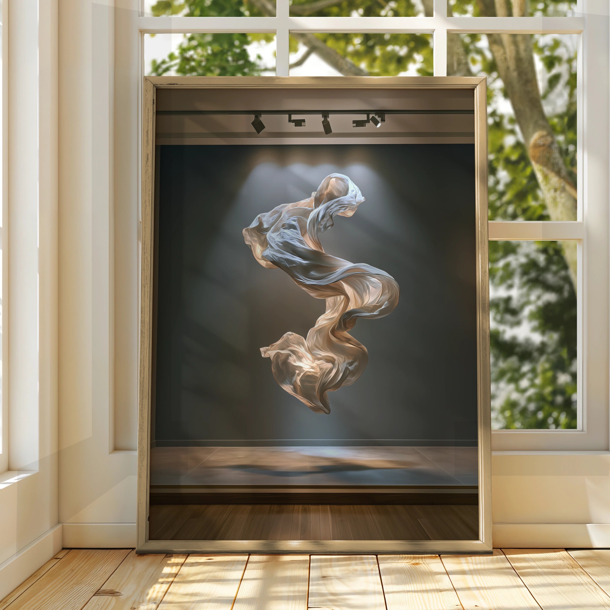 Flowing Fabric Art Poster, Floating Silk Sculpture, Modern Abstract Print
