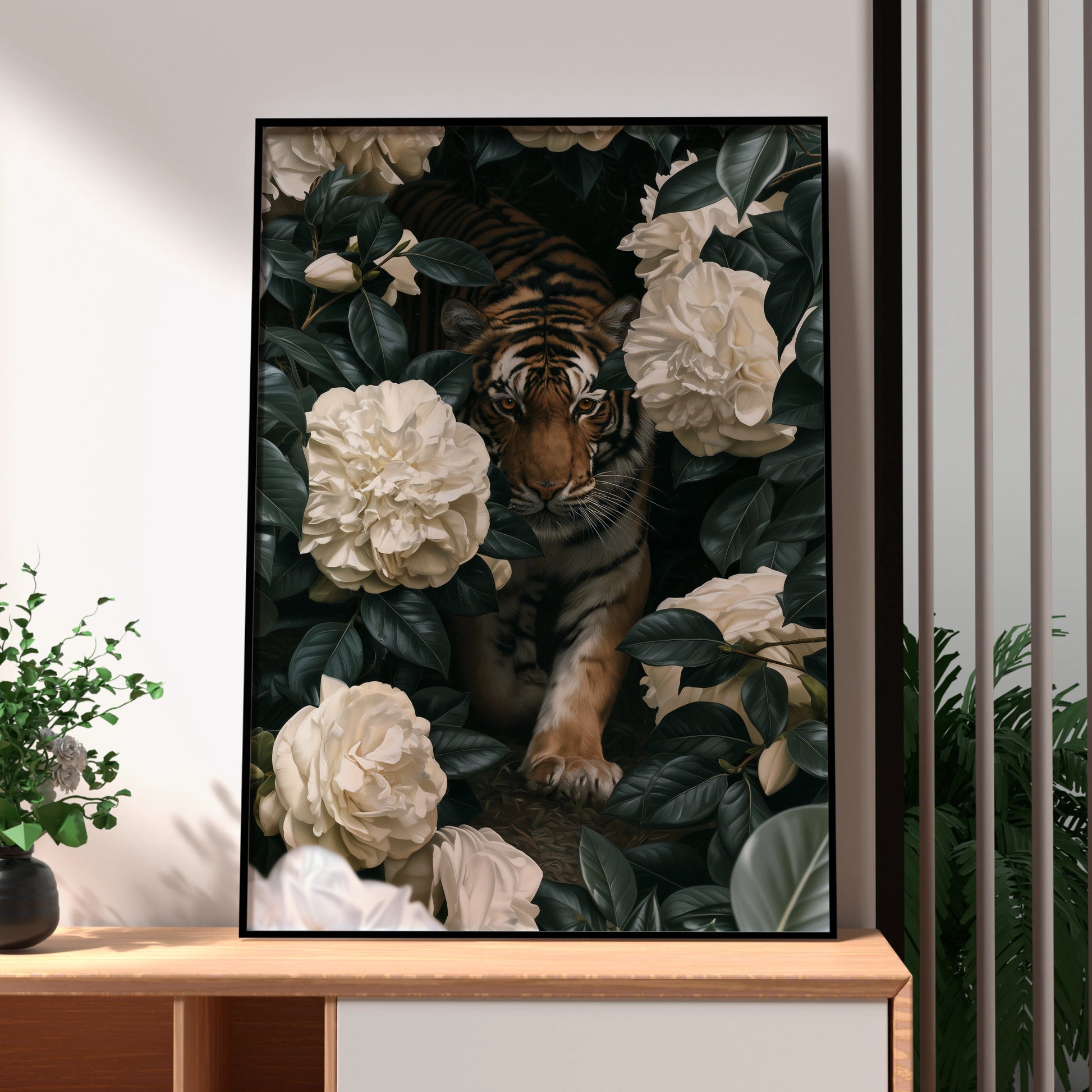 Tiger White Flowers Poster, Botanical Wildlife Wall Art, Dark Floral Print