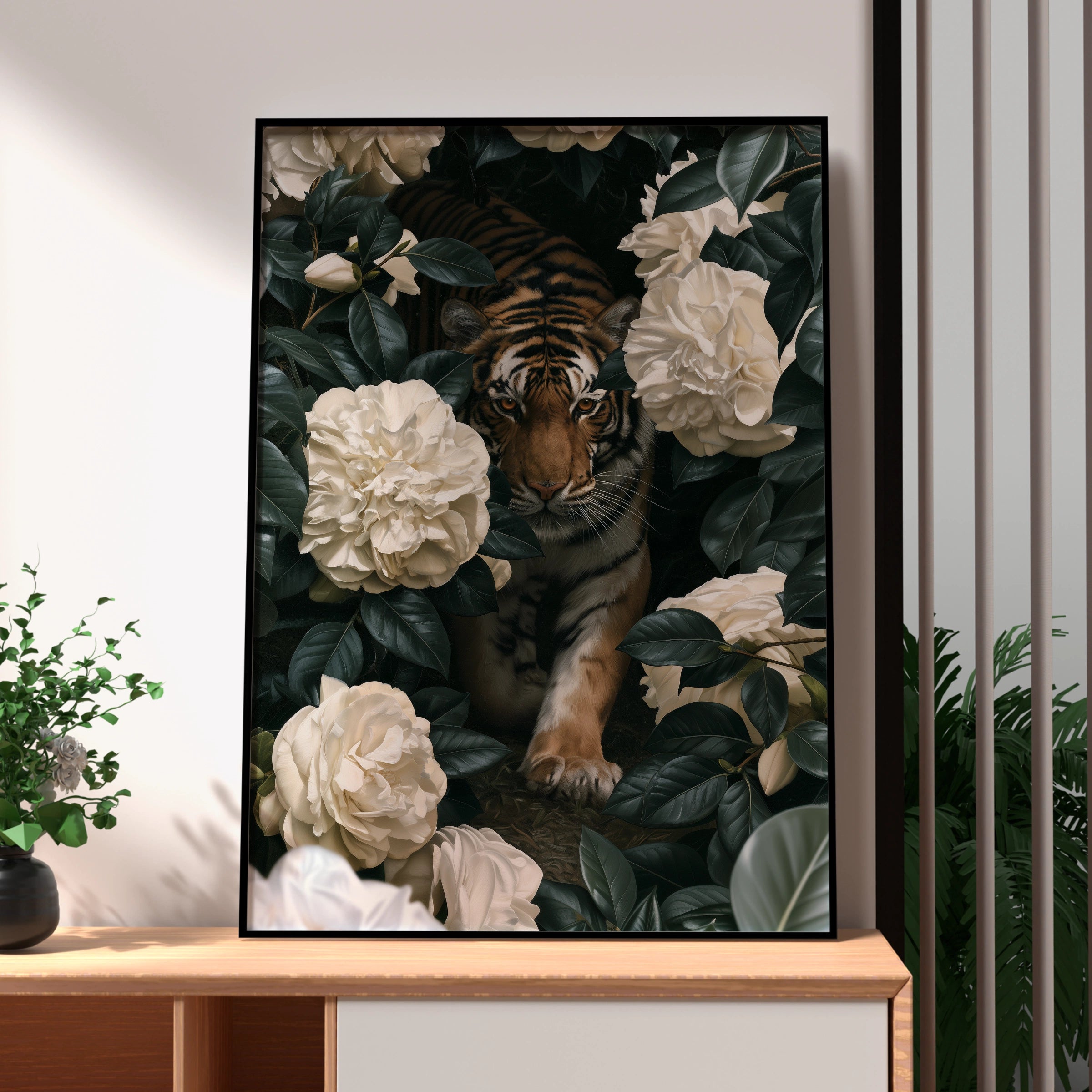 Tiger White Flowers Poster, Botanical Wildlife Wall Art, Dark Floral Print