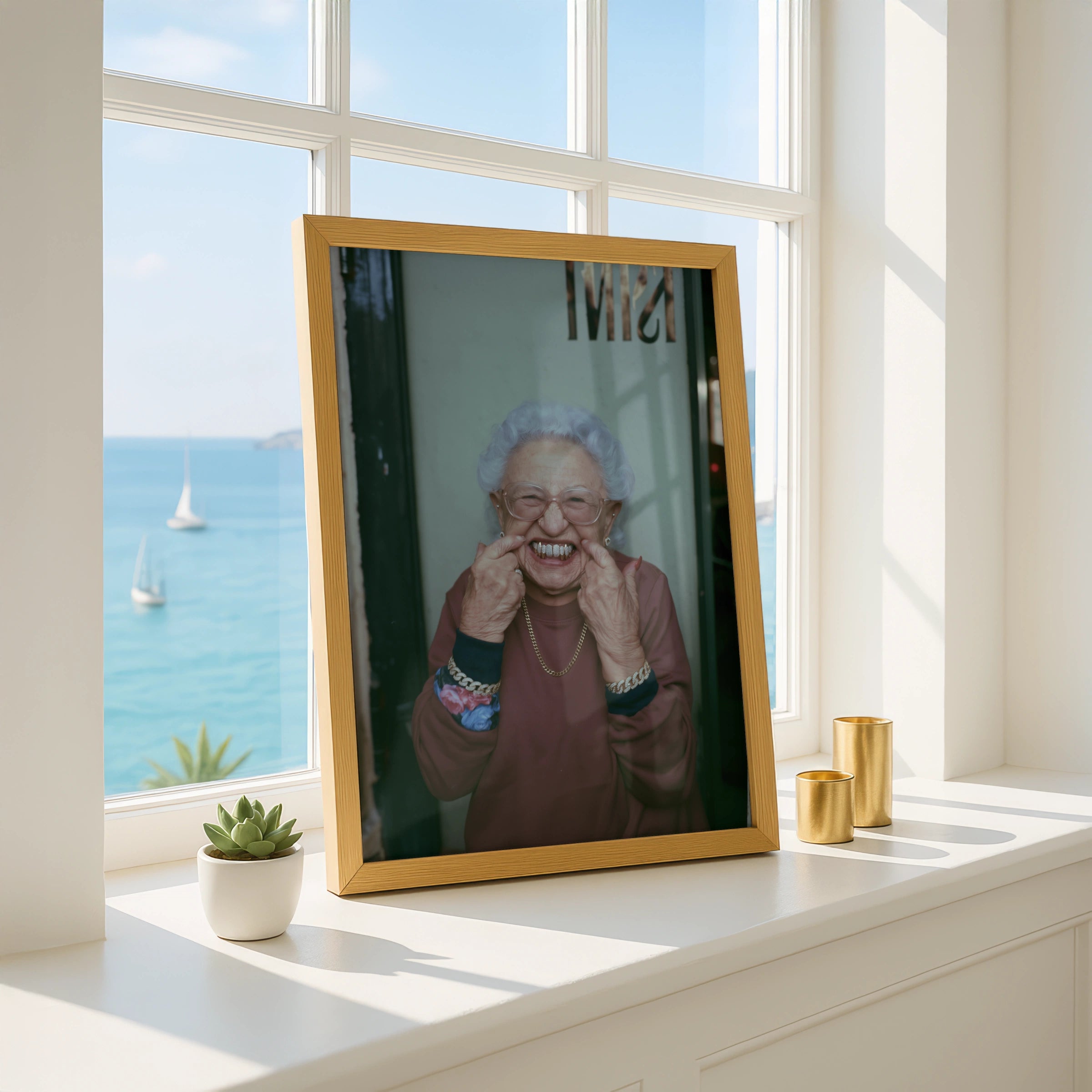 Grandma Grills Poster, Funny Old Lady Gold Teeth, Humorous Street Photography Print