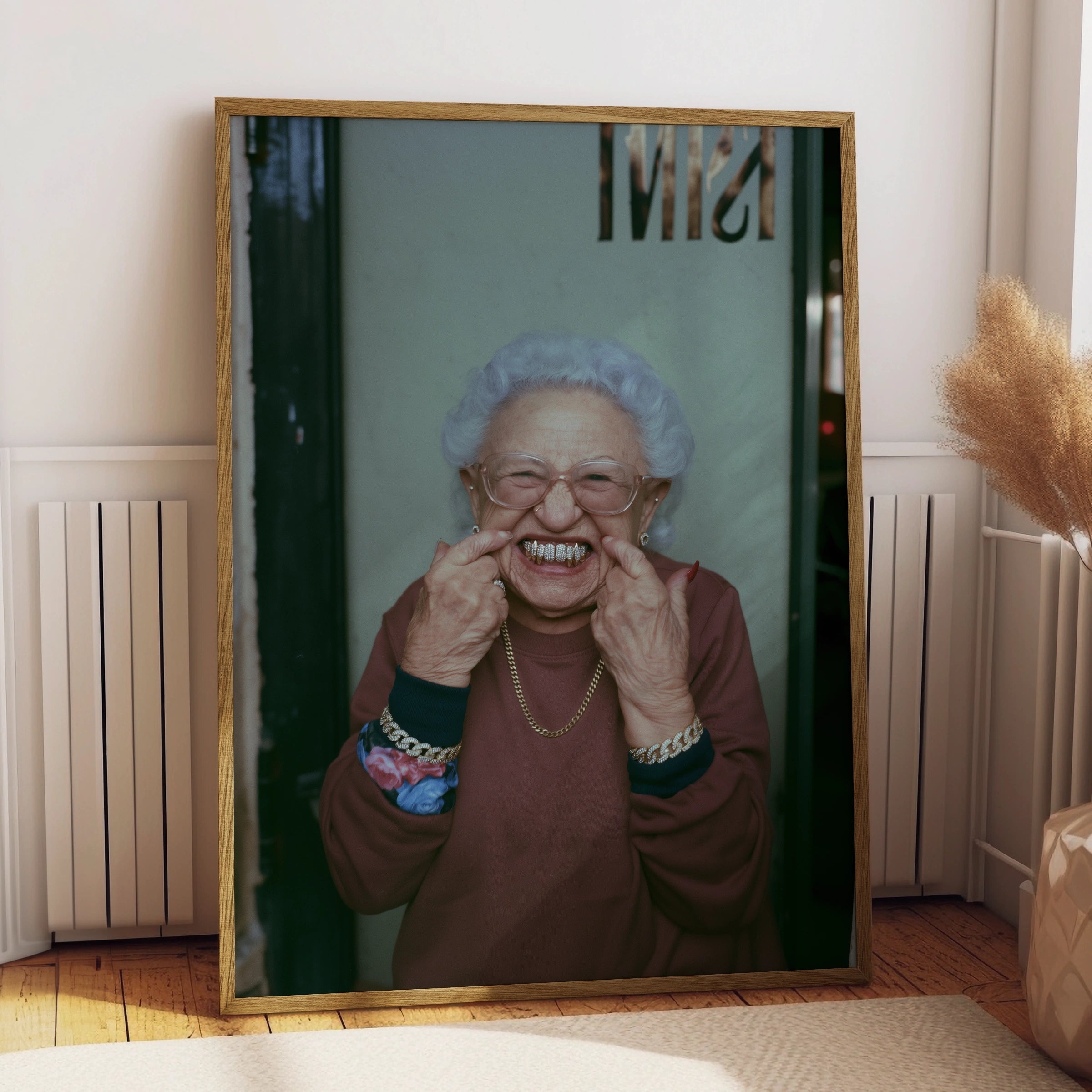 Grandma Grills Poster, Funny Old Lady Gold Teeth, Humorous Street Photography Print