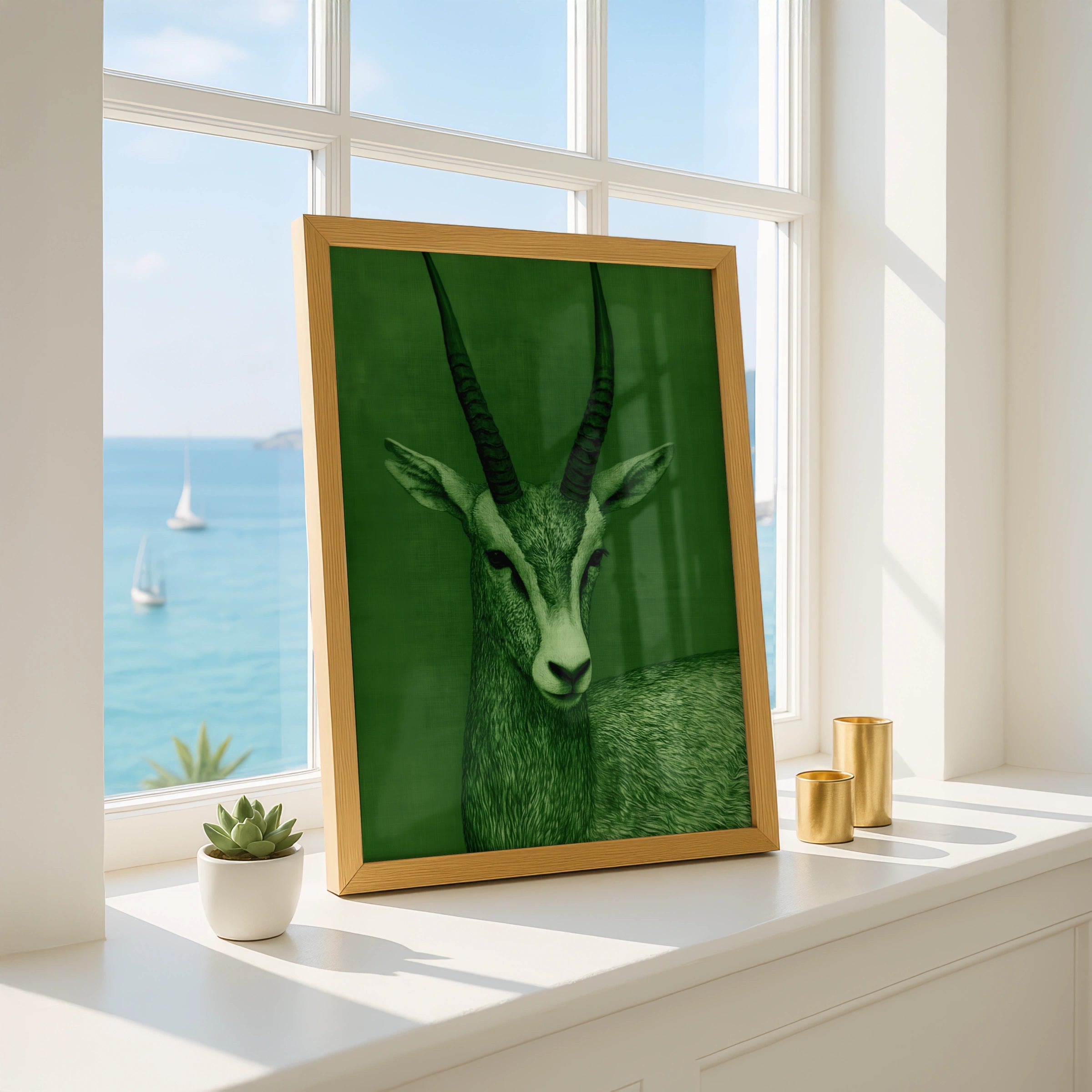 Antelope Portrait Poster, Green Wildlife Wall Art, Modern Animal Print