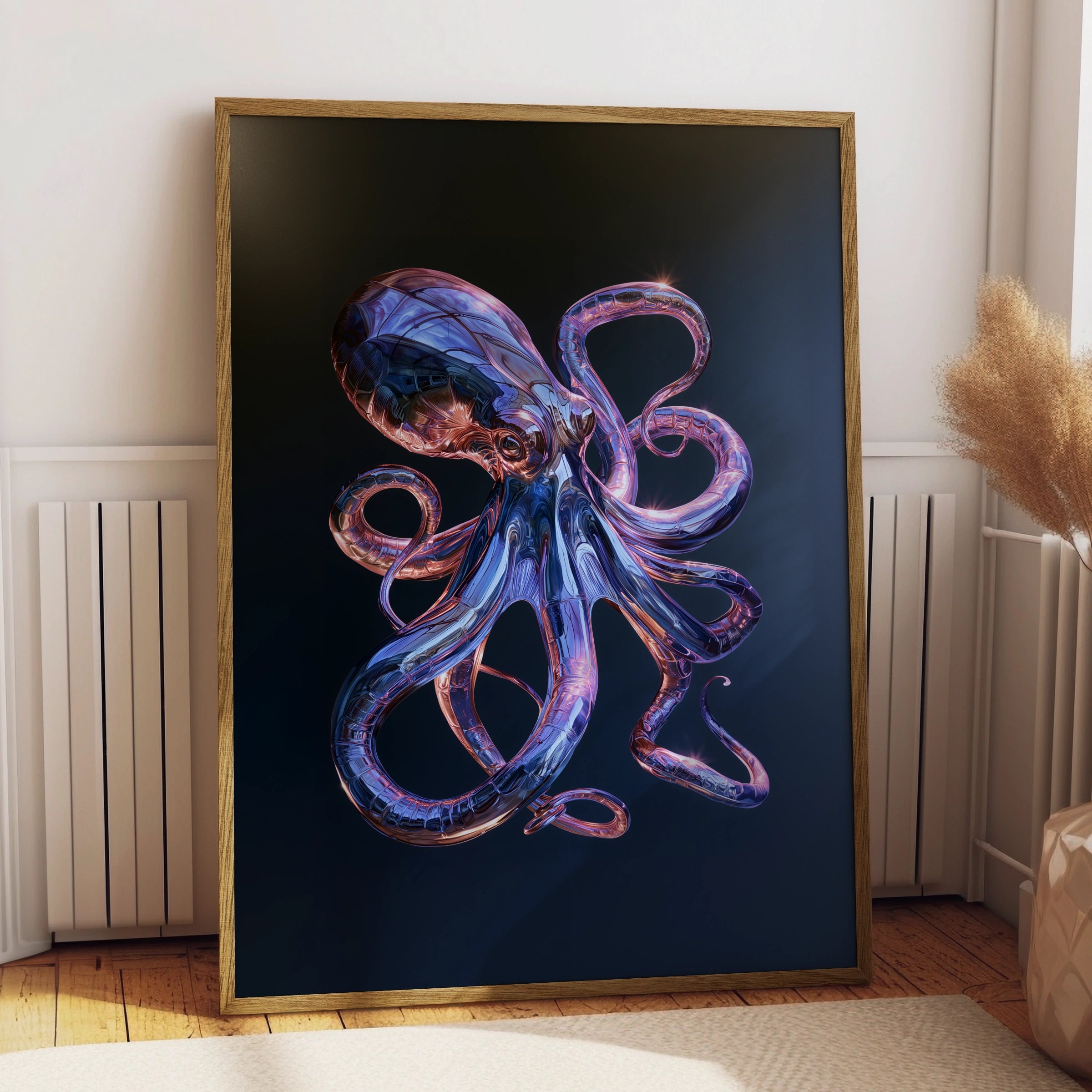 Chrome Octopus Poster, Metallic Tentacles, Dark Blue Futuristic Wall Art