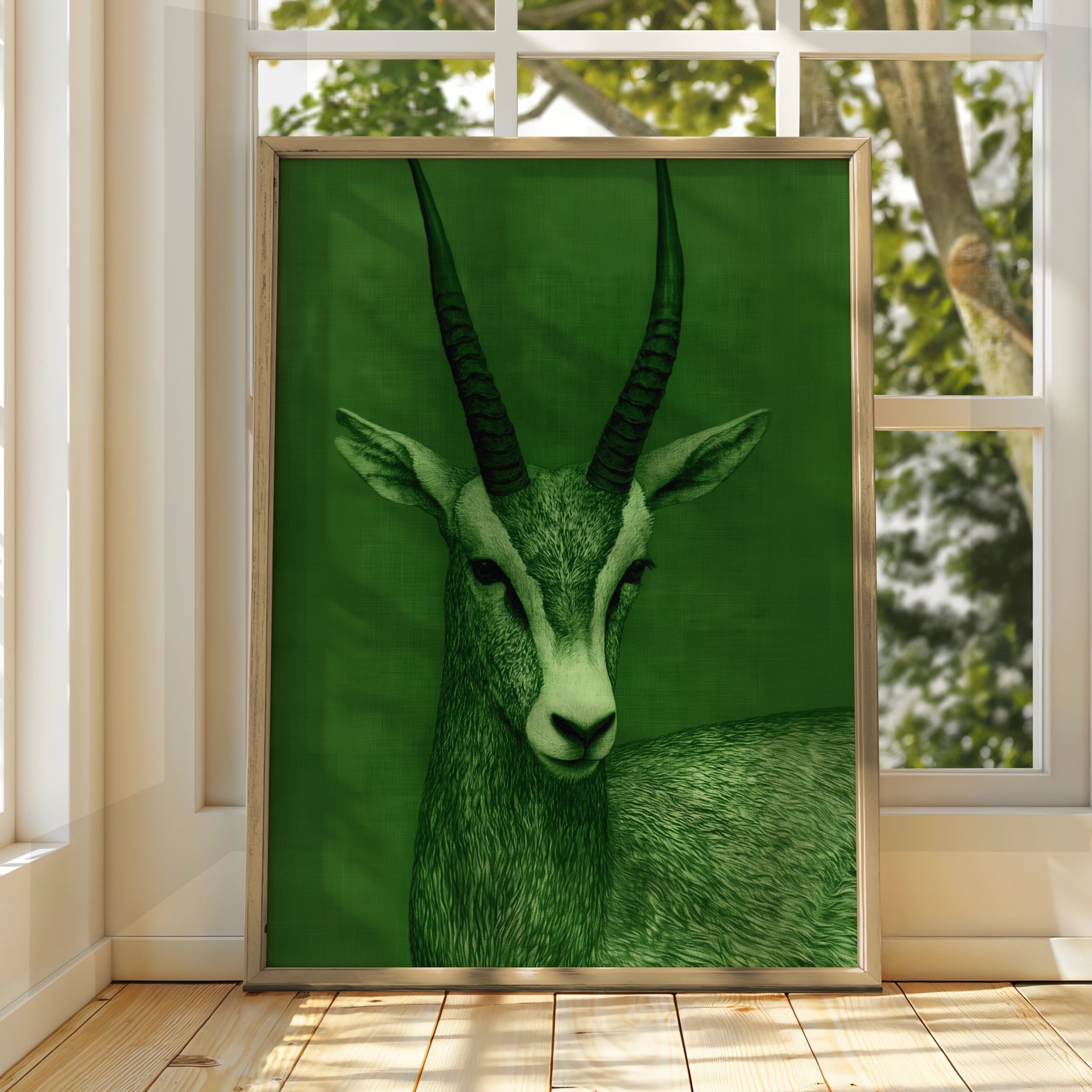 Antelope Portrait Poster, Green Wildlife Wall Art, Modern Animal Print
