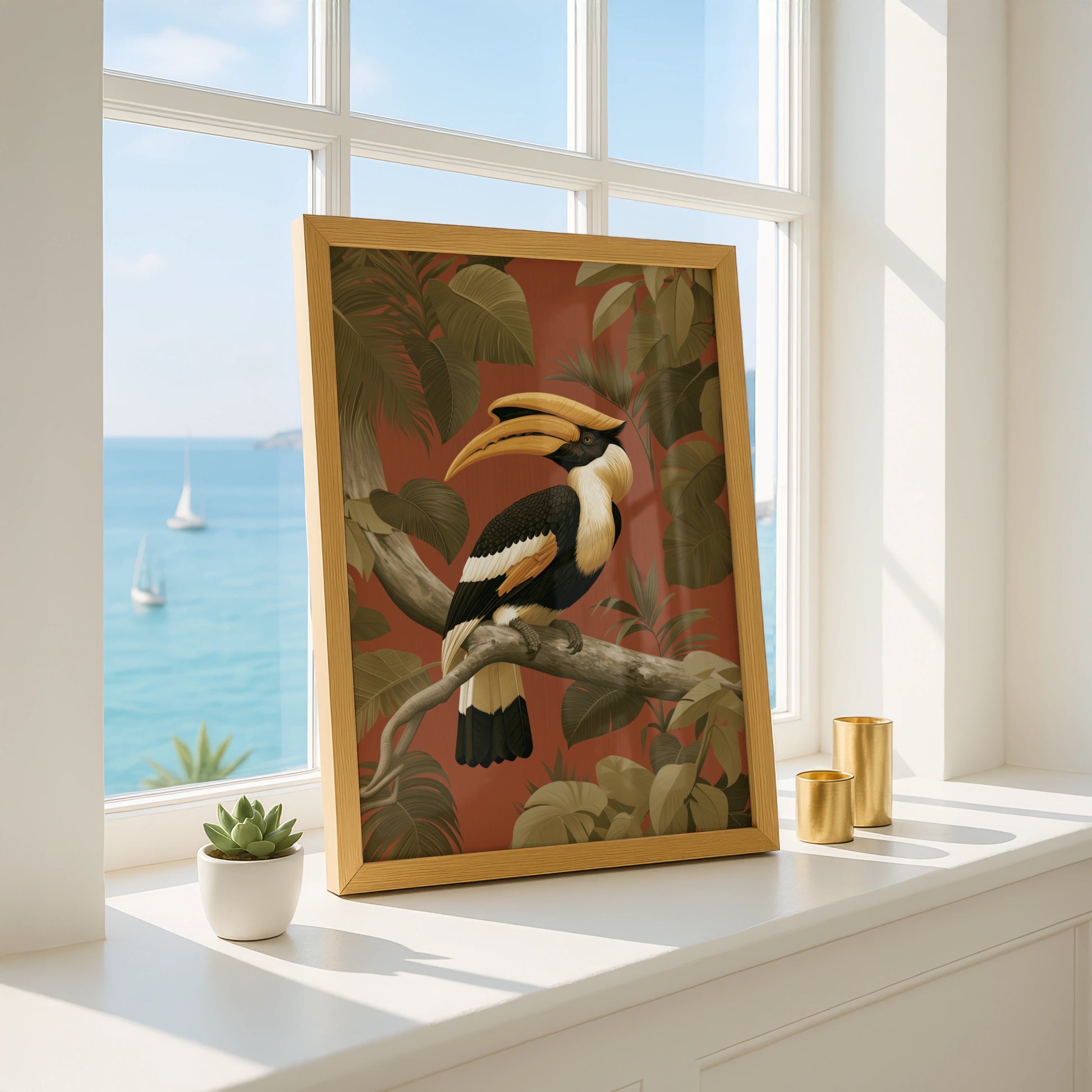 Hornbill Tropical Bird Poster, Jungle Foliage Wall Art, Botanical Print