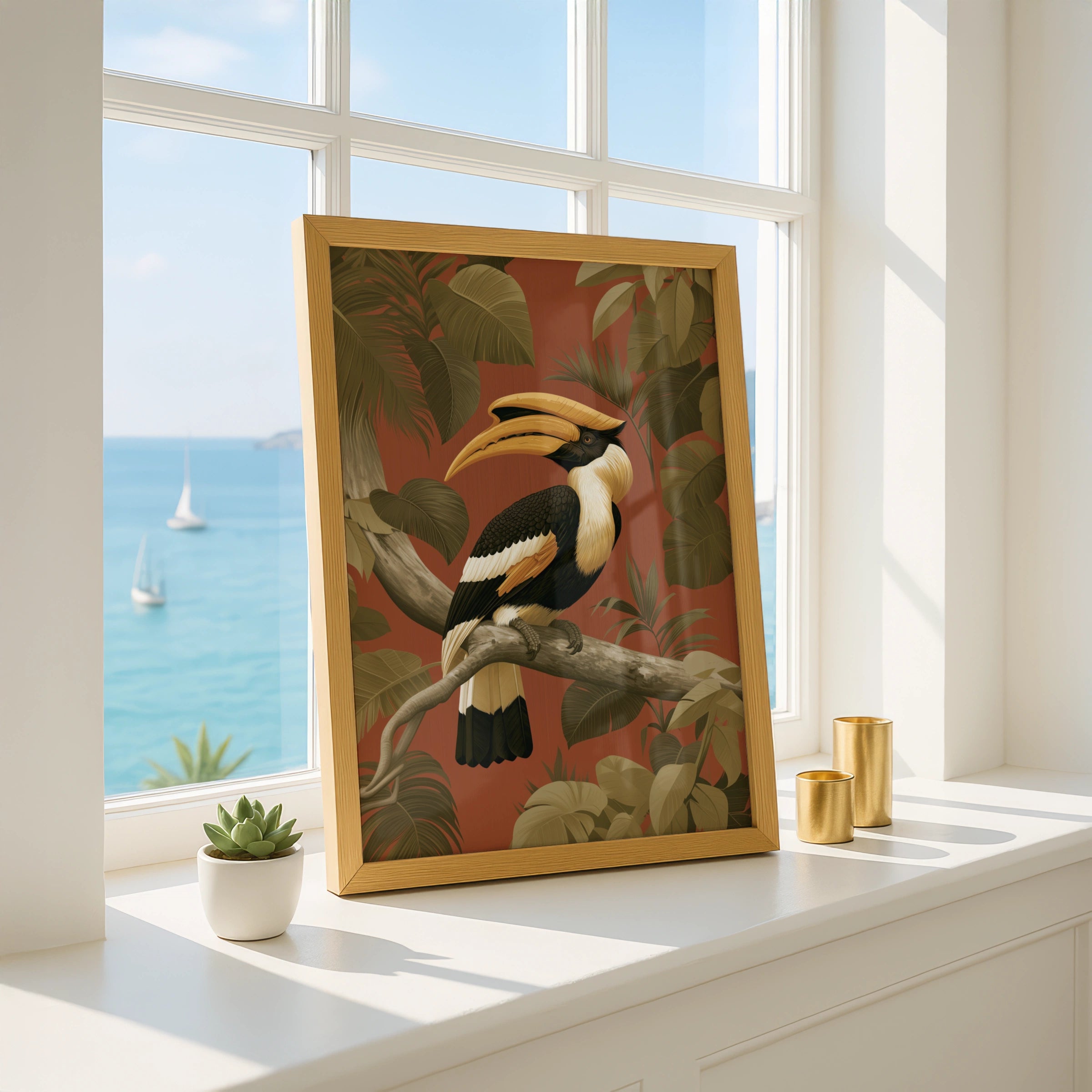 Hornbill Tropical Bird Poster, Jungle Foliage Wall Art, Botanical Print