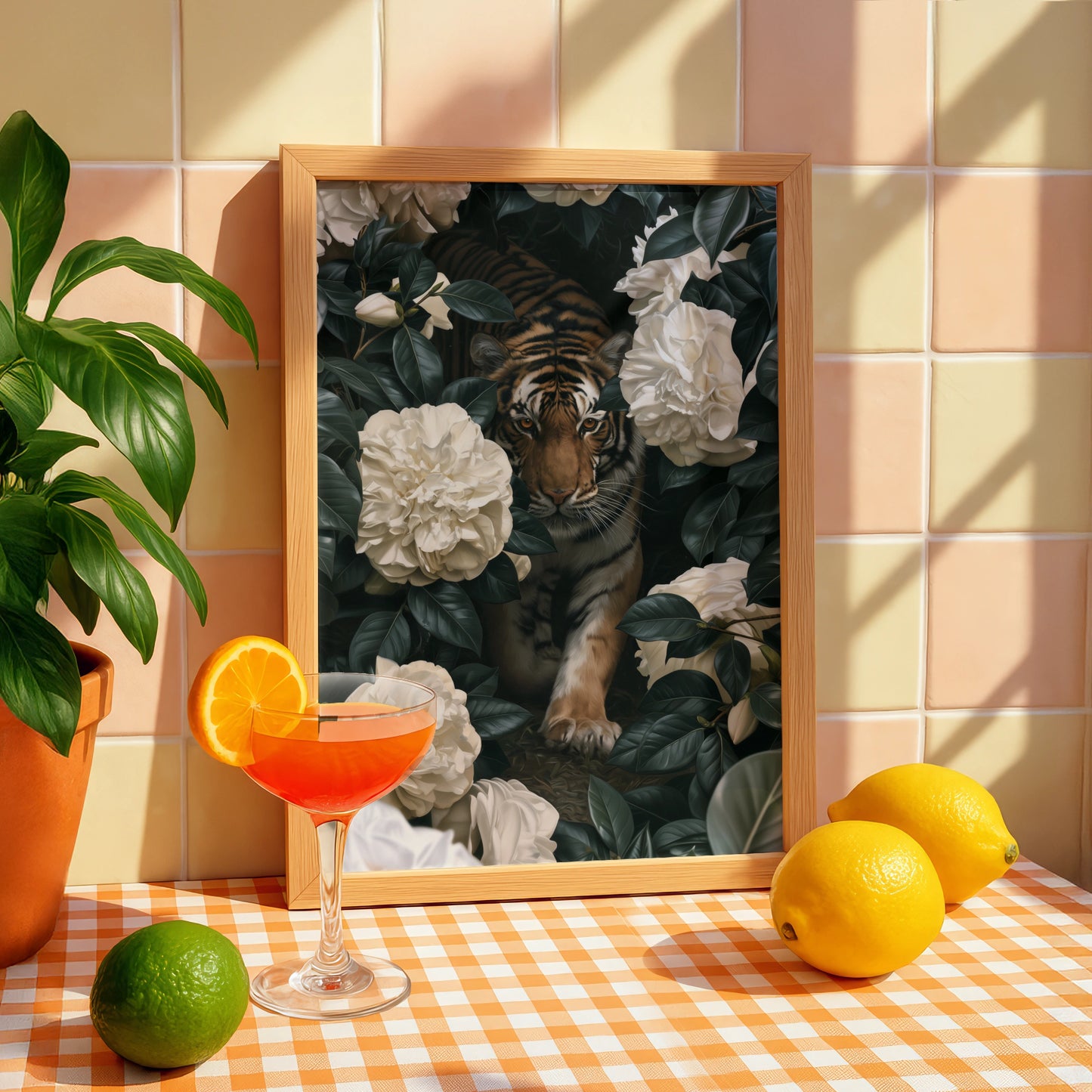 Tiger White Flowers Poster, Botanical Wildlife Wall Art, Dark Floral Print