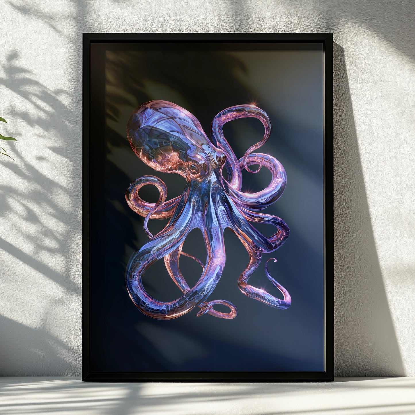 Chrome Octopus Poster, Metallic Tentacles, Dark Blue Futuristic Wall Art