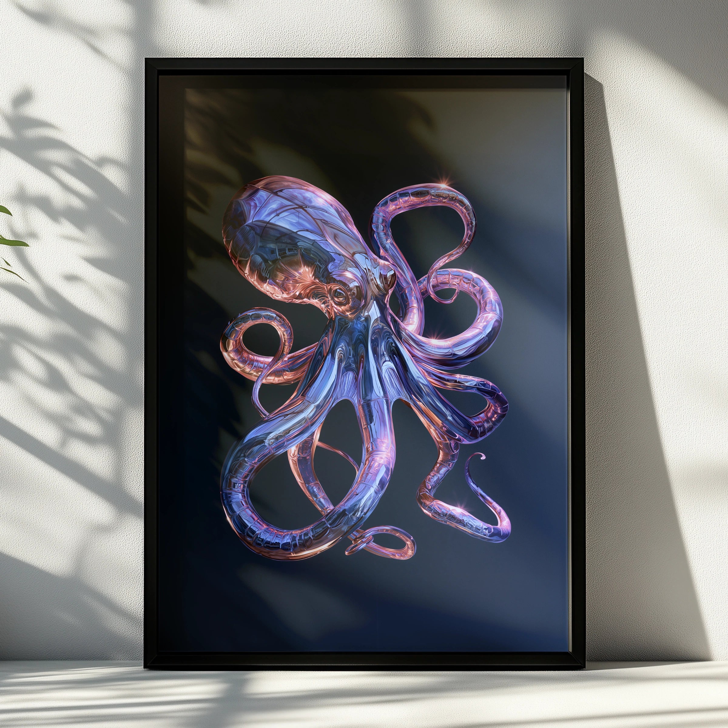Chrome Octopus Poster, Metallic Tentacles, Dark Blue Futuristic Wall Art