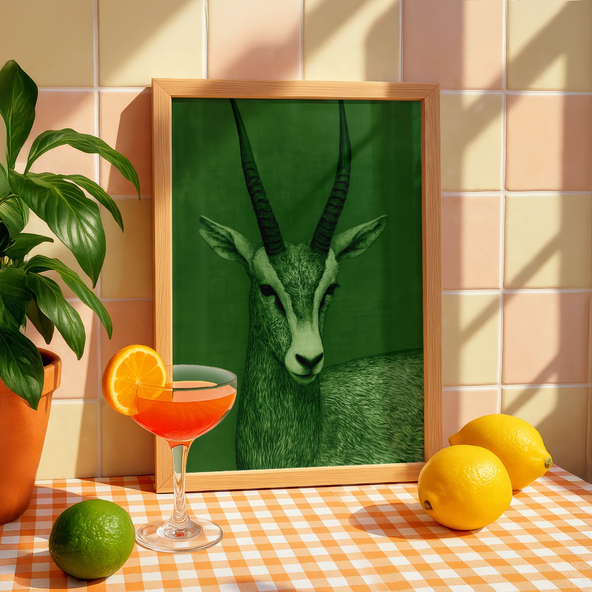 Antelope Portrait Poster, Green Wildlife Wall Art, Modern Animal Print