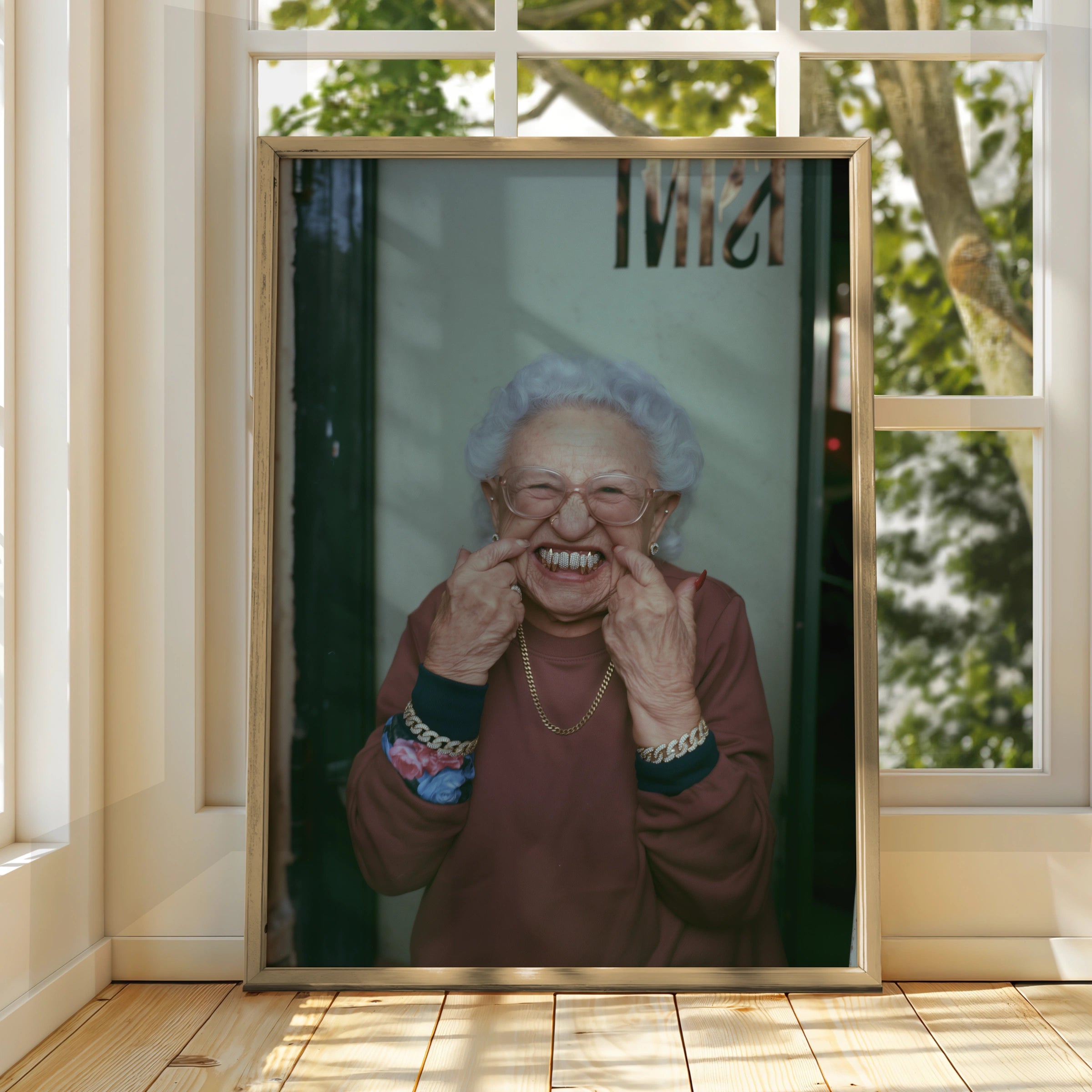Grandma Grills Poster, Funny Old Lady Gold Teeth, Humorous Street Photography Print