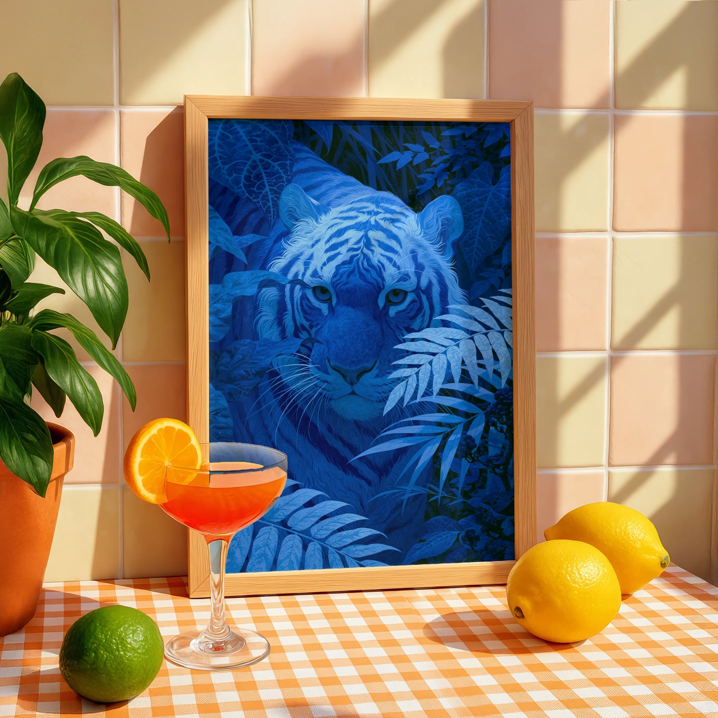Blue Tiger Jungle Poster, Wild Cat Art Print, Tropical Botanical Wall Art