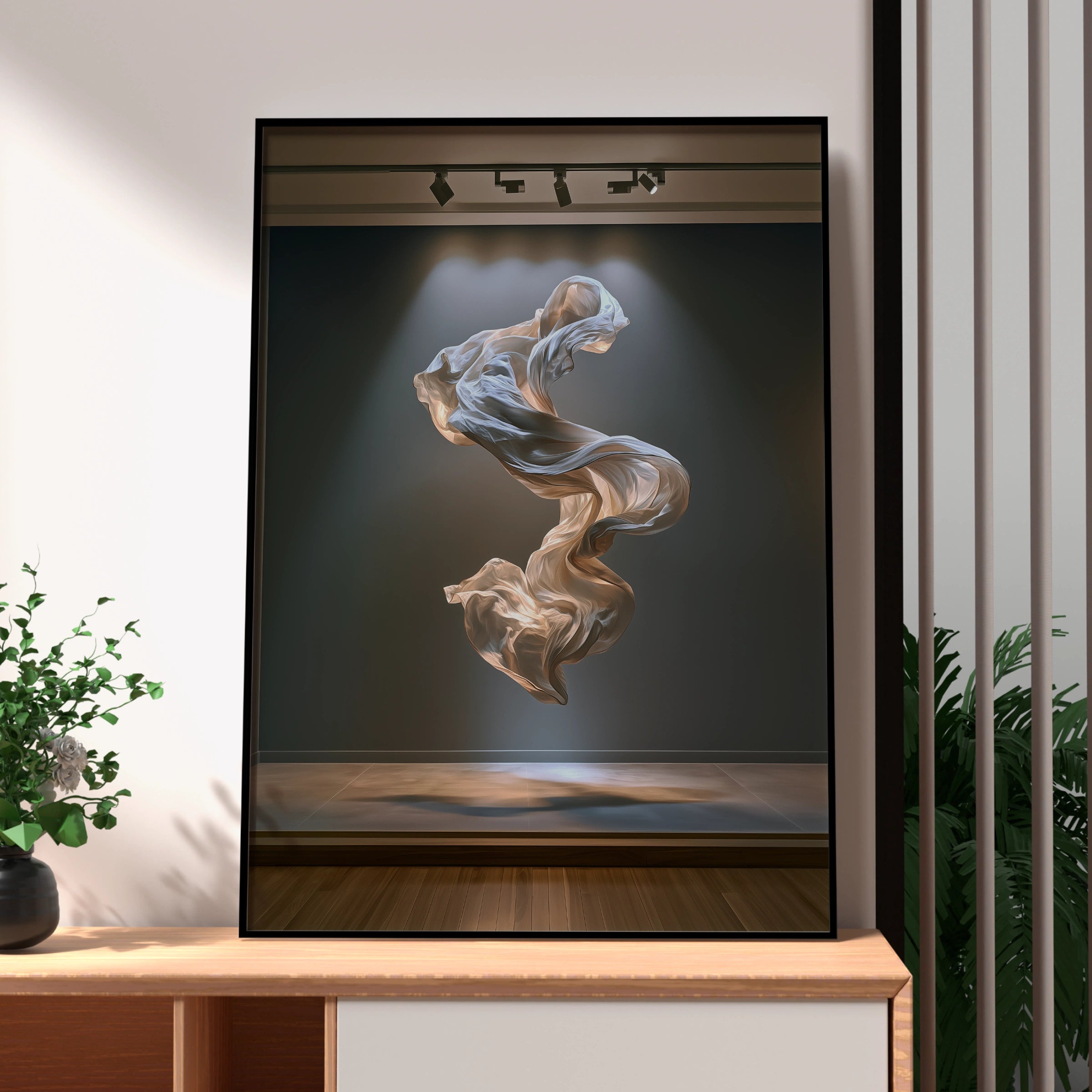 Flowing Fabric Art Poster, Floating Silk Sculpture, Modern Abstract Print