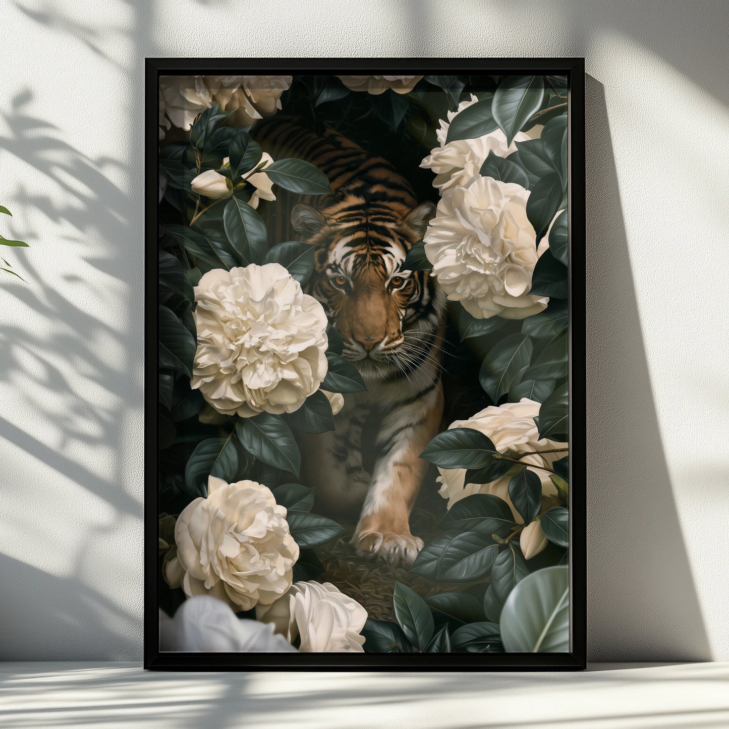 Tiger White Flowers Poster, Botanical Wildlife Wall Art, Dark Floral Print