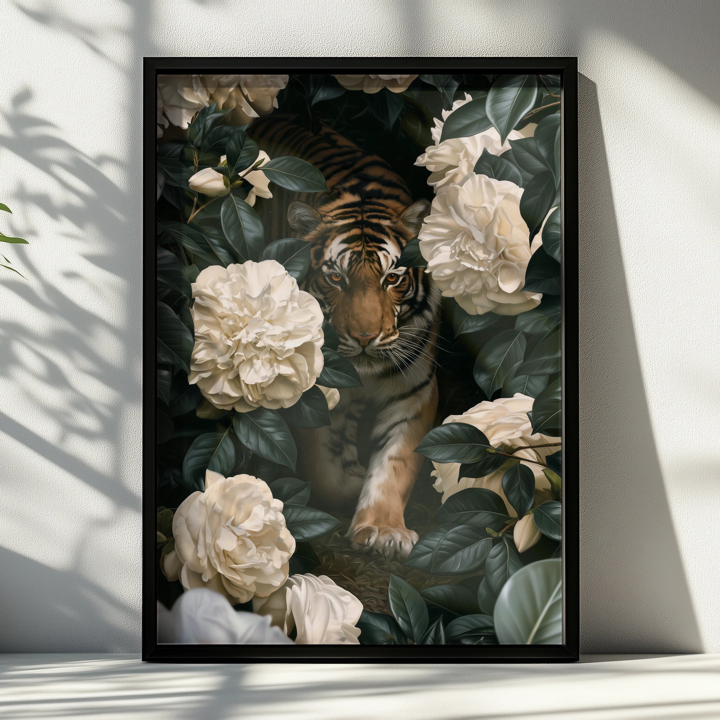 Tiger White Flowers Poster, Botanical Wildlife Wall Art, Dark Floral Print