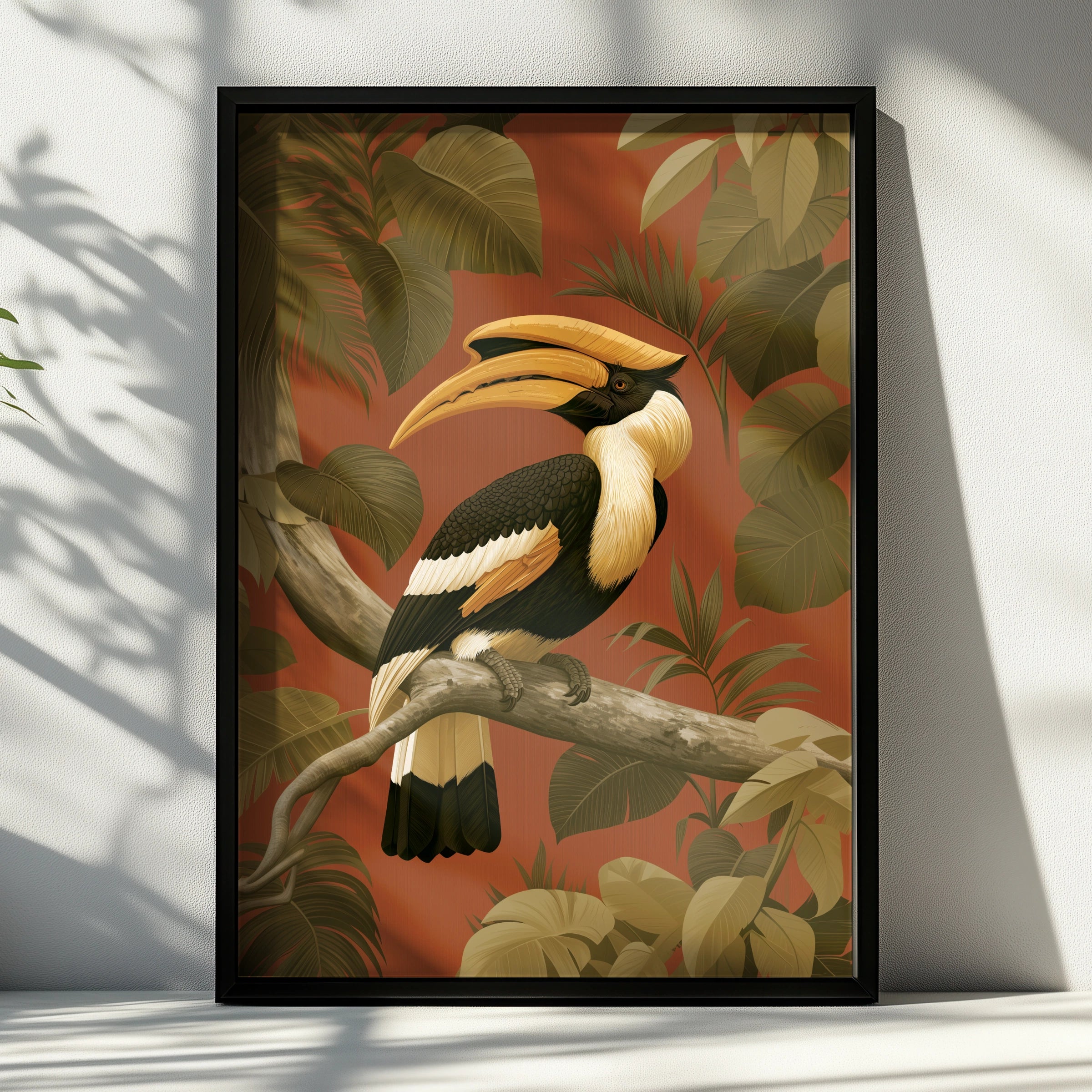 Hornbill Tropical Bird Poster, Jungle Foliage Wall Art, Botanical Print