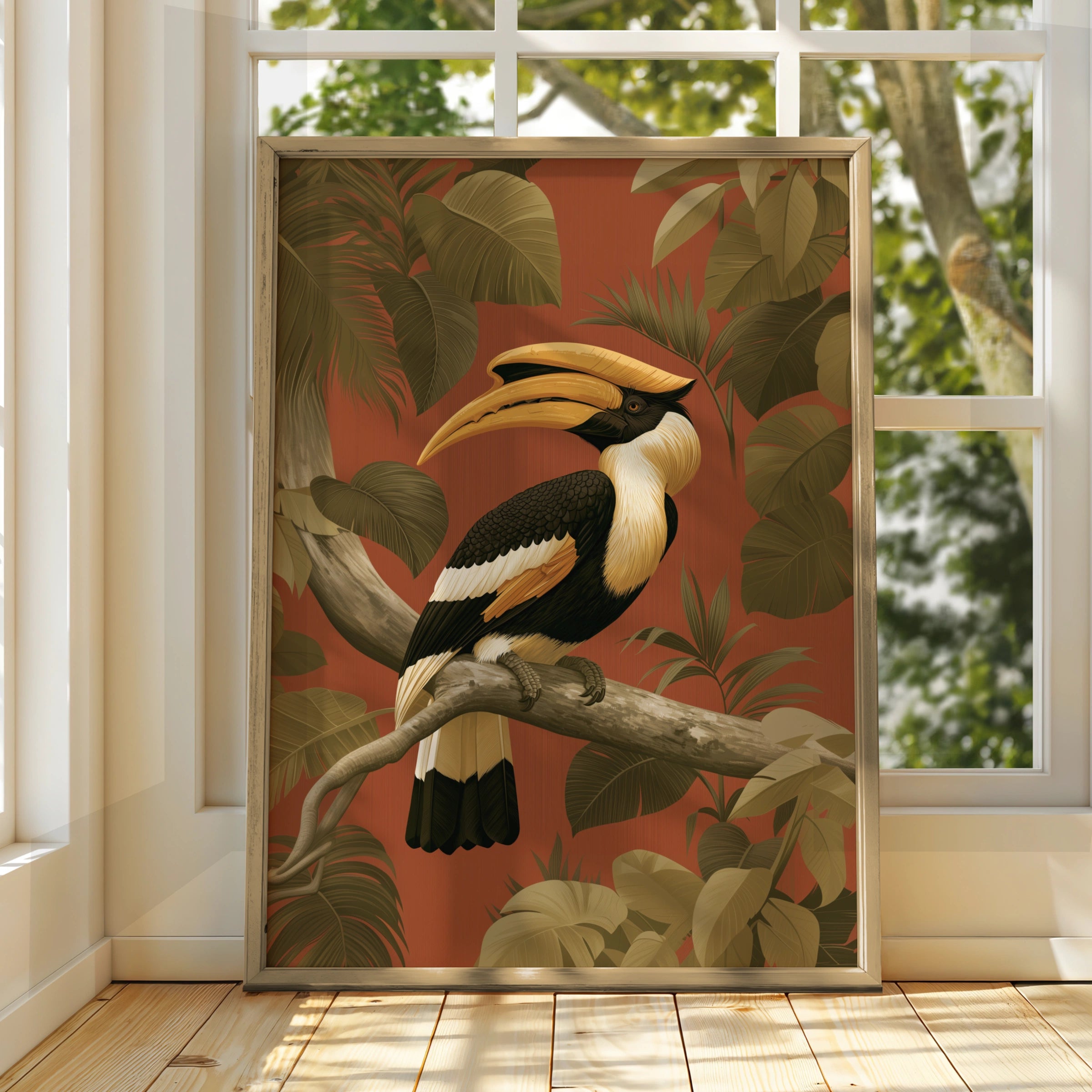 Hornbill Tropical Bird Poster, Jungle Foliage Wall Art, Botanical Print