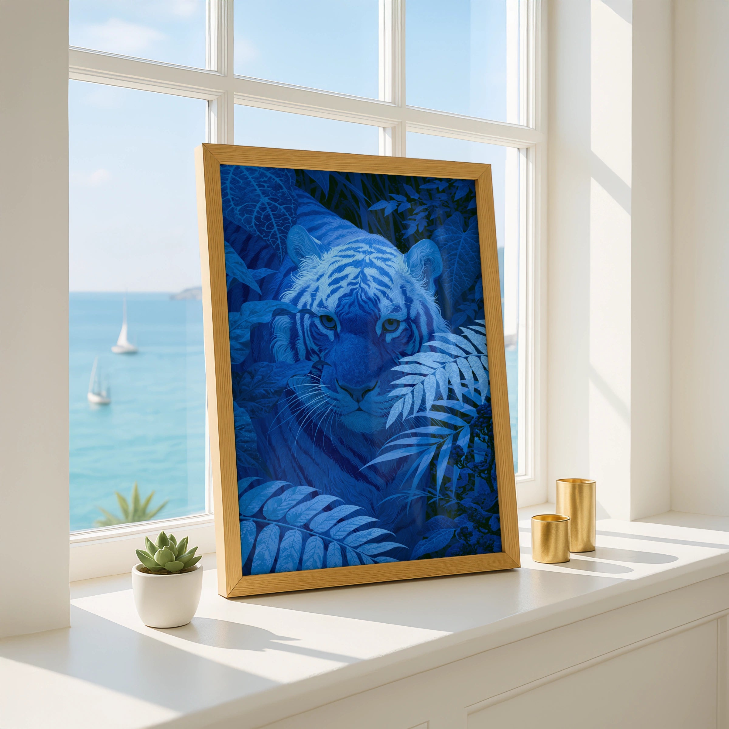 Blue Tiger Jungle Poster, Wild Cat Art Print, Tropical Botanical Wall Art