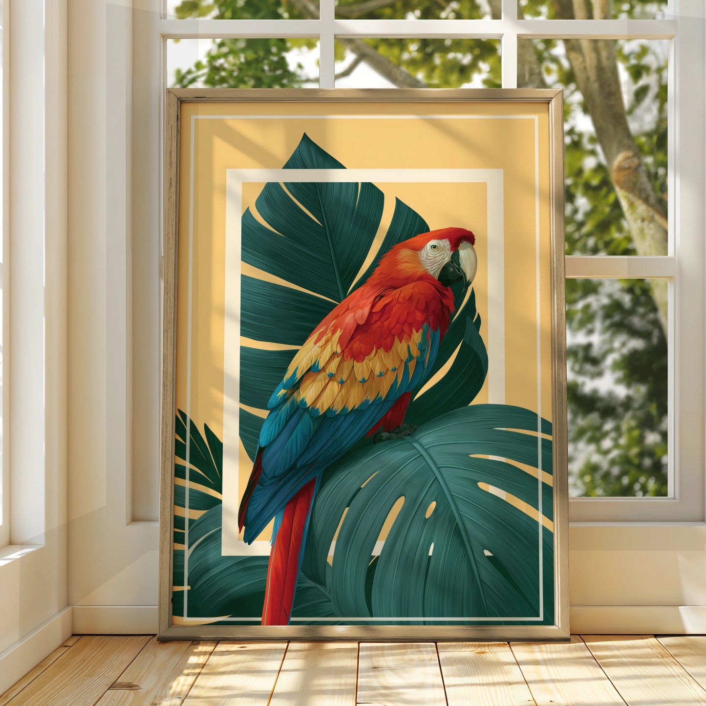 Scarlet Macaw Monstera Poster, Tropical Parrot Wall Art, Bold Botanical Print