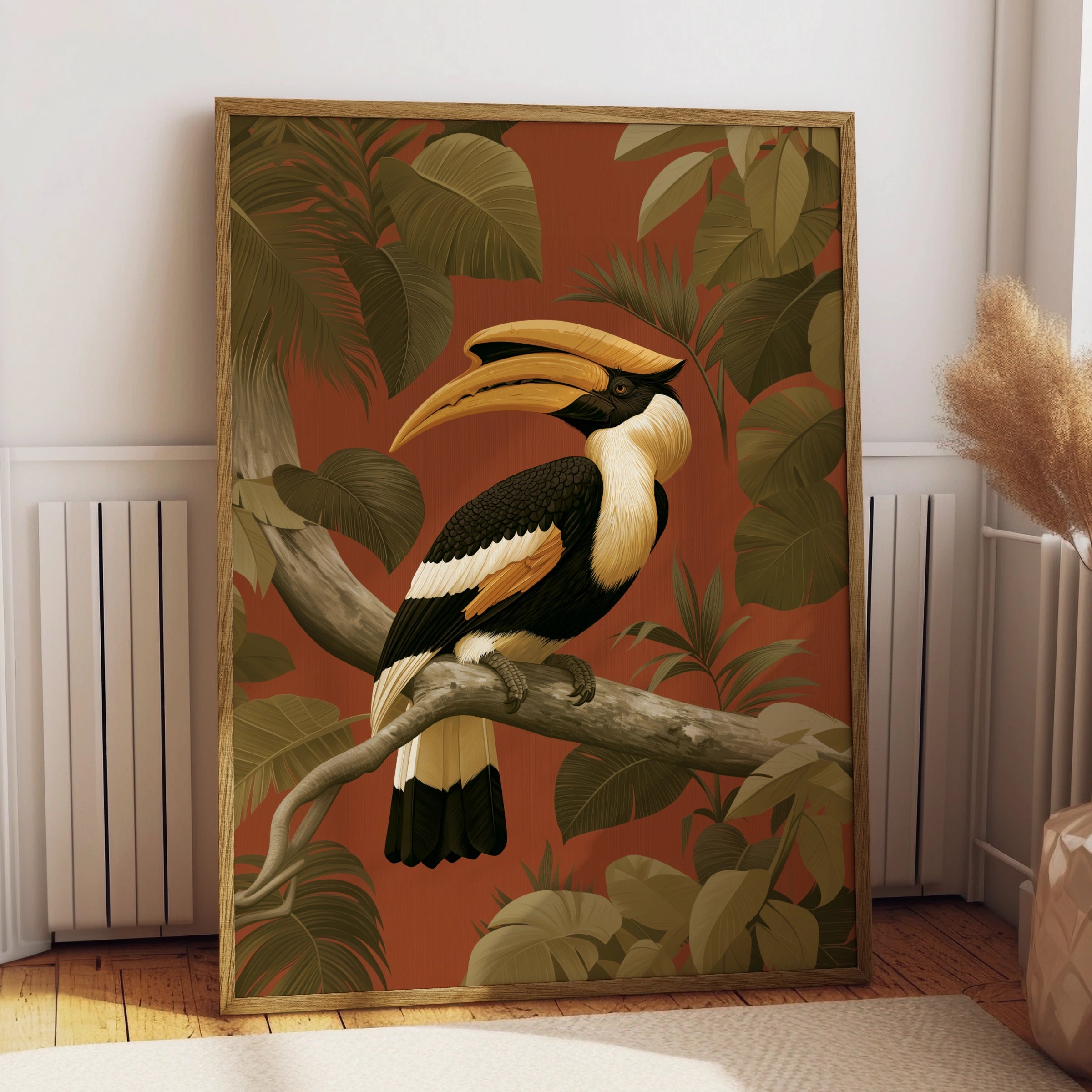 Hornbill Tropical Bird Poster, Jungle Foliage Wall Art, Botanical Print
