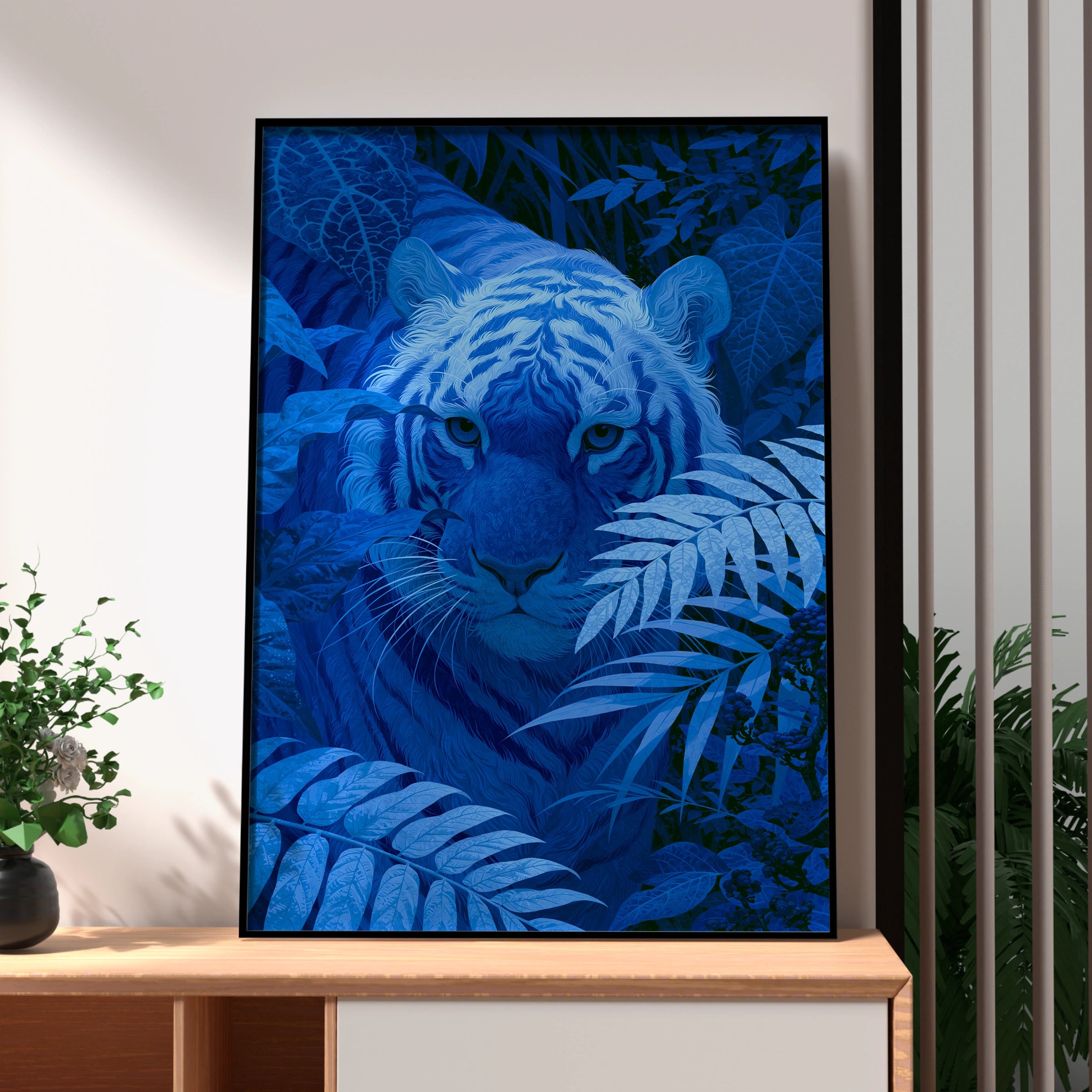 Blue Tiger Jungle Poster, Wild Cat Art Print, Tropical Botanical Wall Art