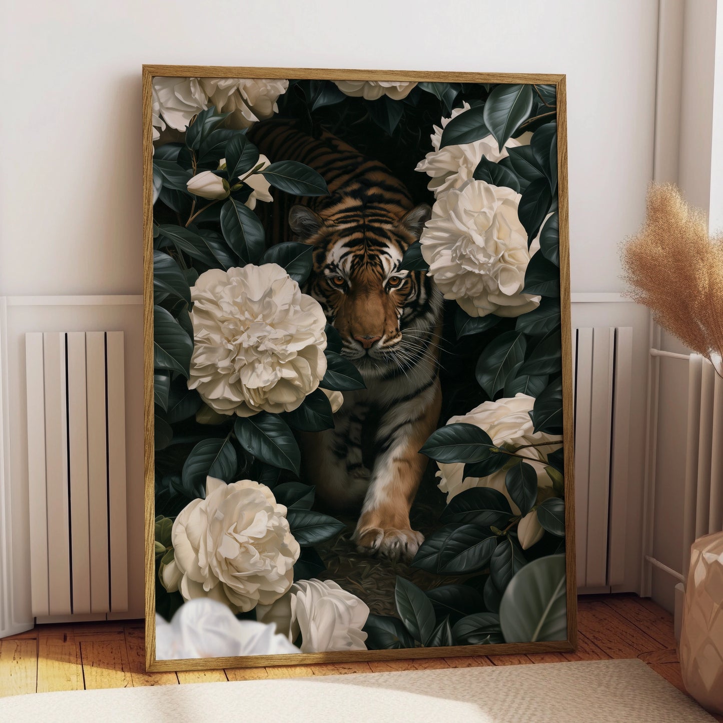 Tiger White Flowers Poster, Botanical Wildlife Wall Art, Dark Floral Print