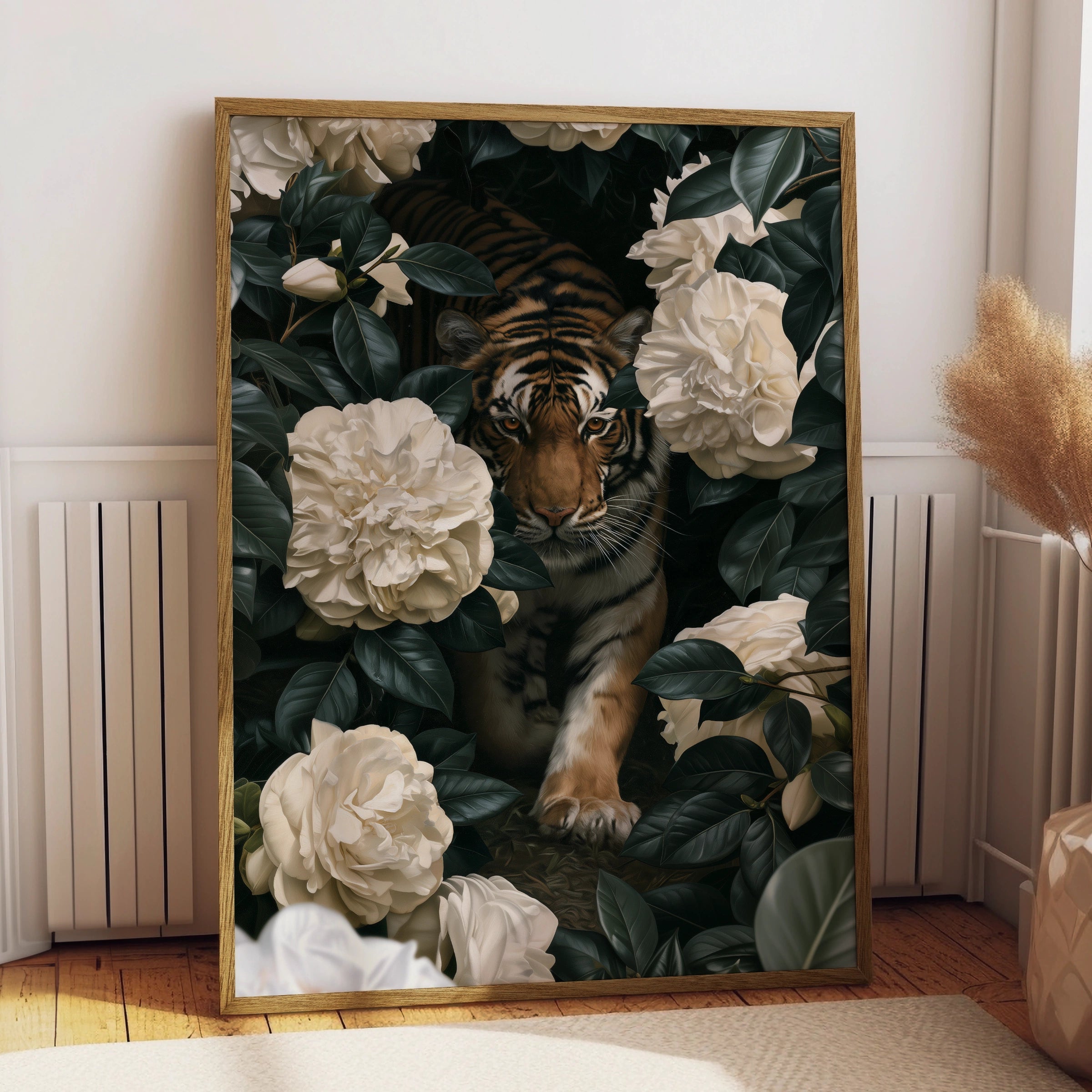 Tiger White Flowers Poster, Botanical Wildlife Wall Art, Dark Floral Print