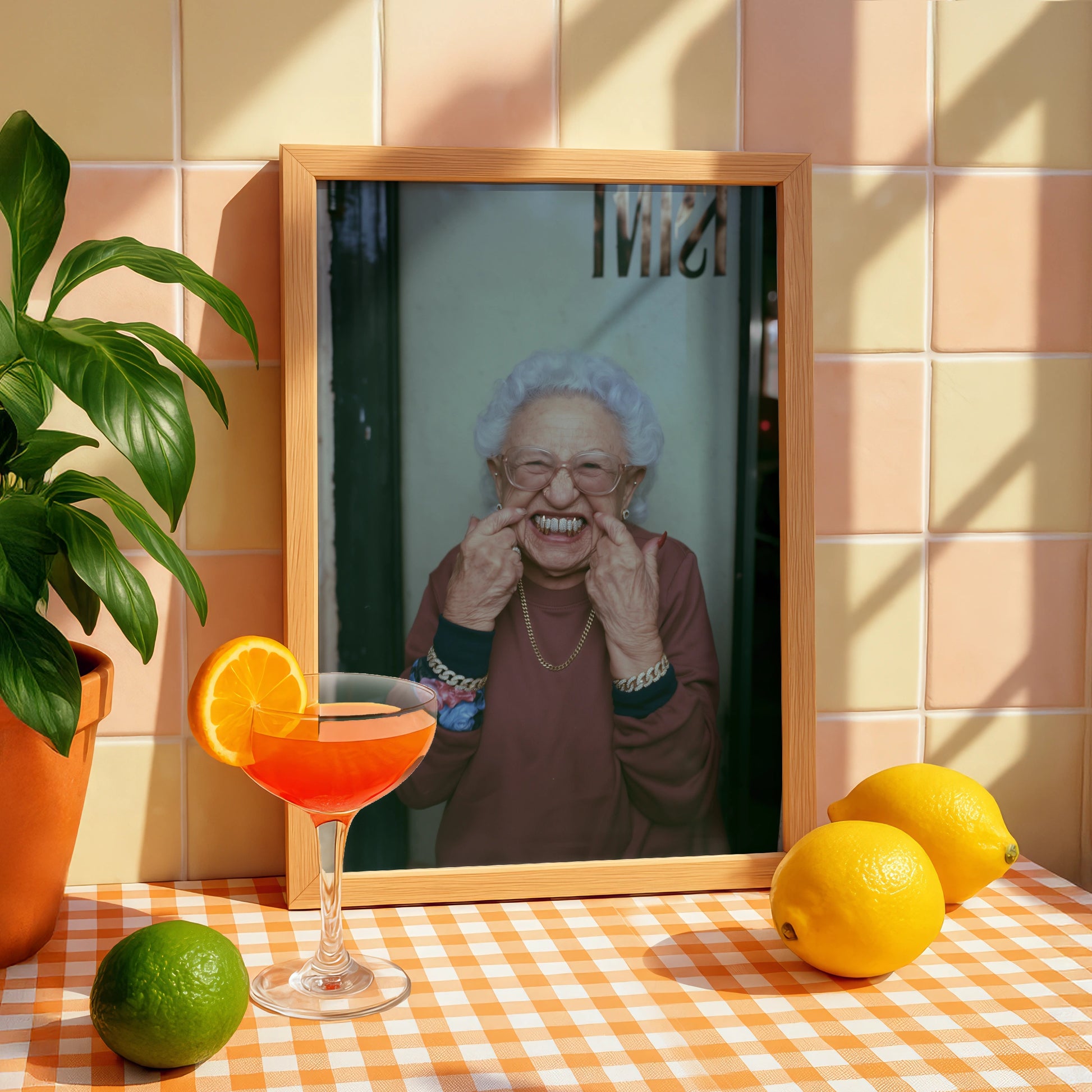 Grandma Grills Poster, Funny Old Lady Gold Teeth, Humorous Street Photography Print
