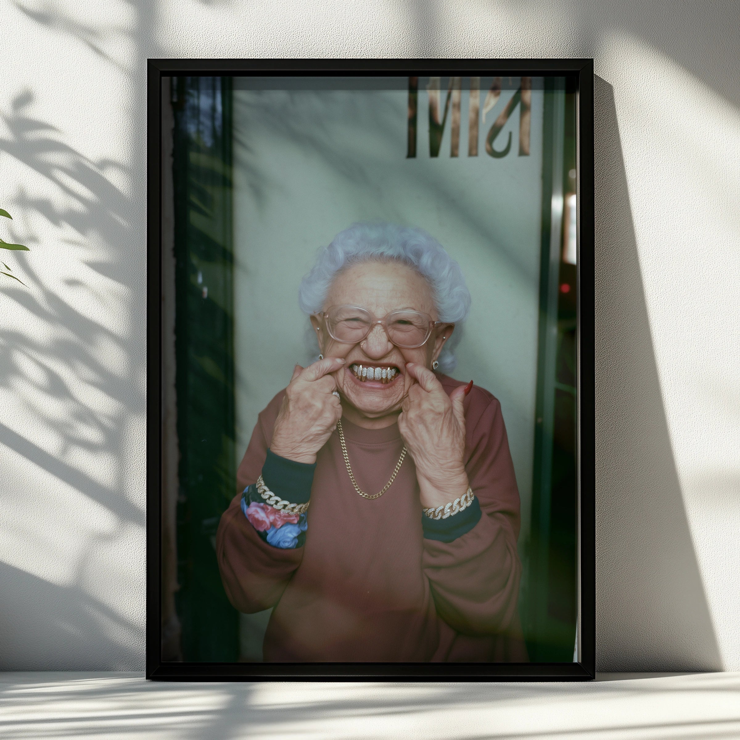 Grandma Grills Poster, Funny Old Lady Gold Teeth, Humorous Street Photography Print