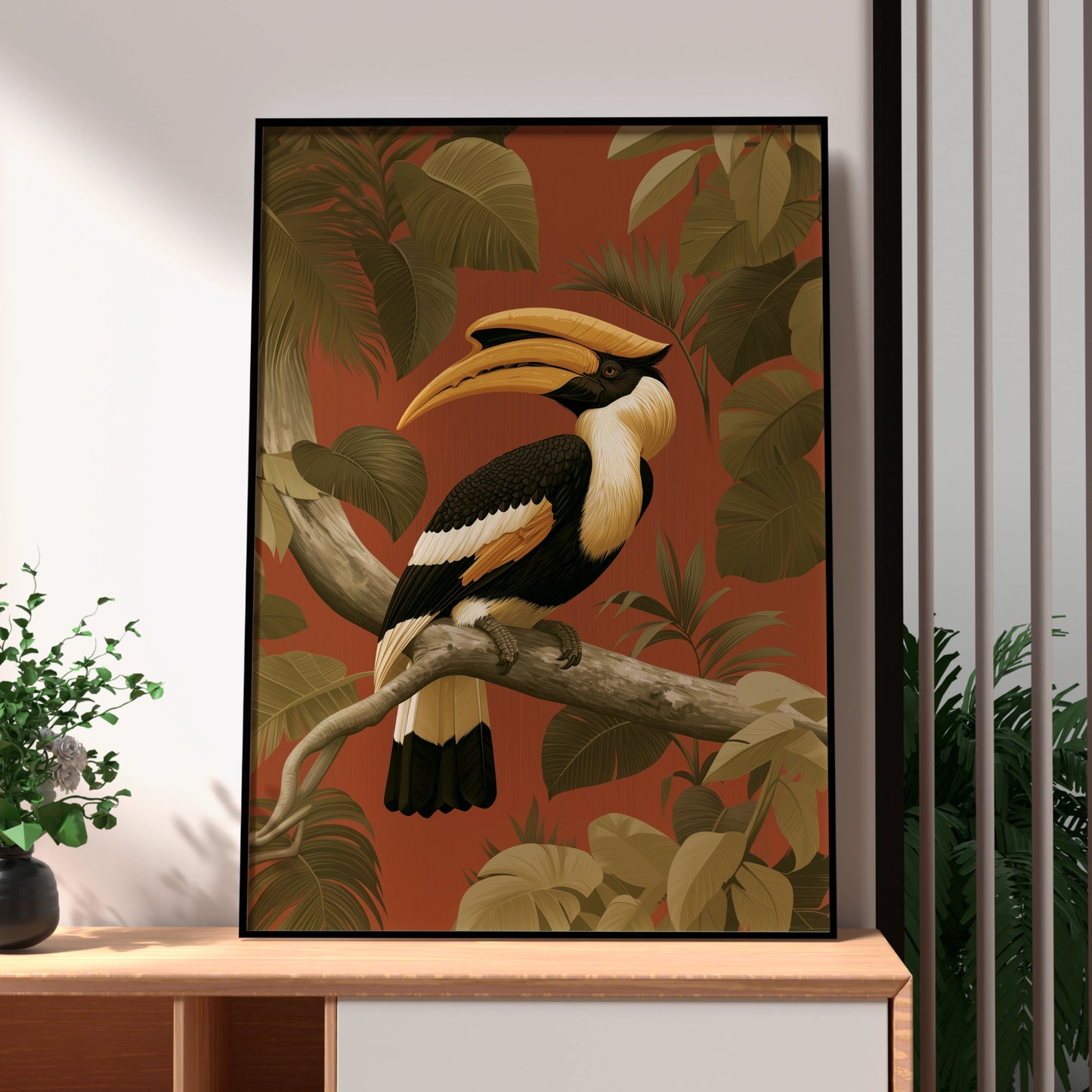 Hornbill Tropical Bird Poster, Jungle Foliage Wall Art, Botanical Print