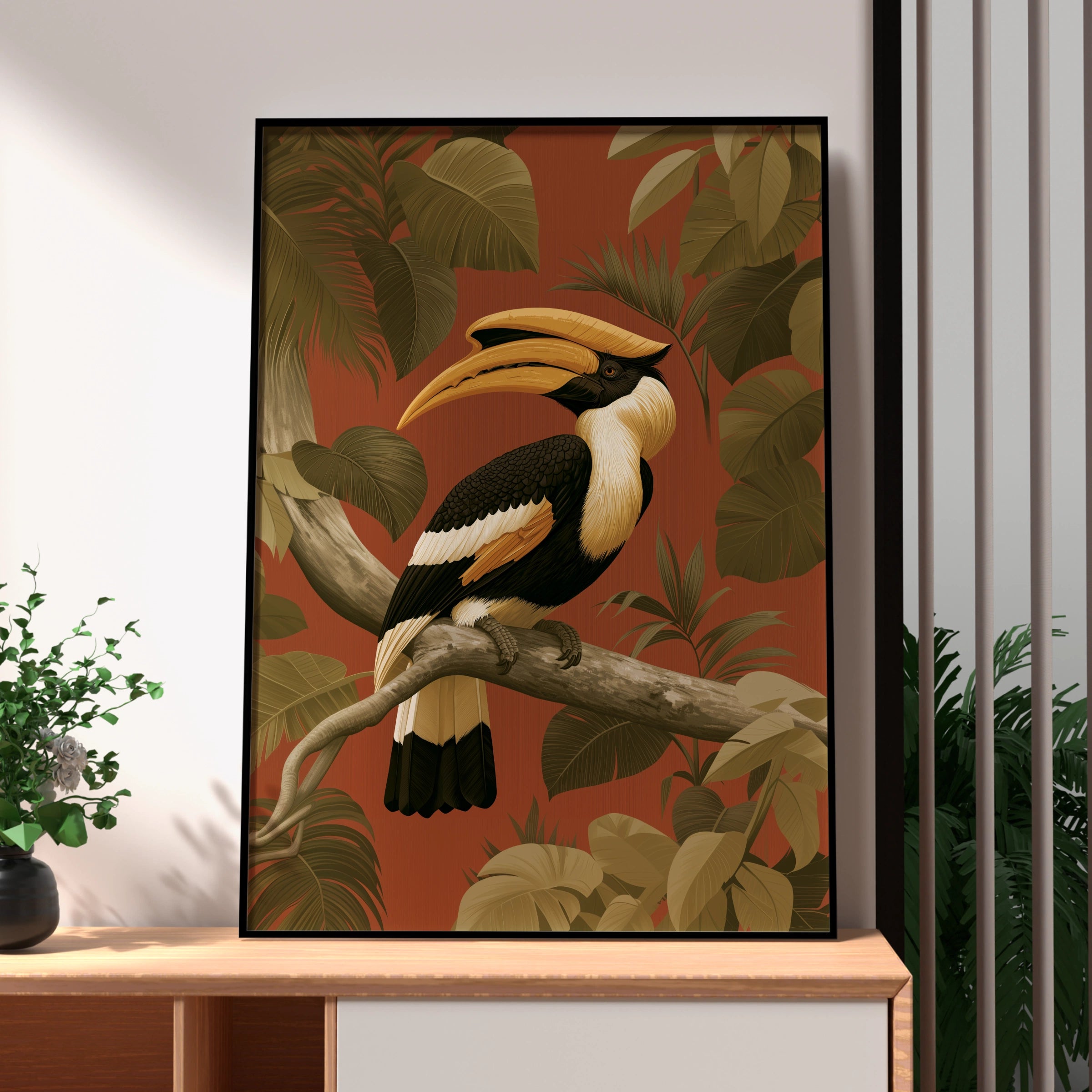 Hornbill Tropical Bird Poster, Jungle Foliage Wall Art, Botanical Print