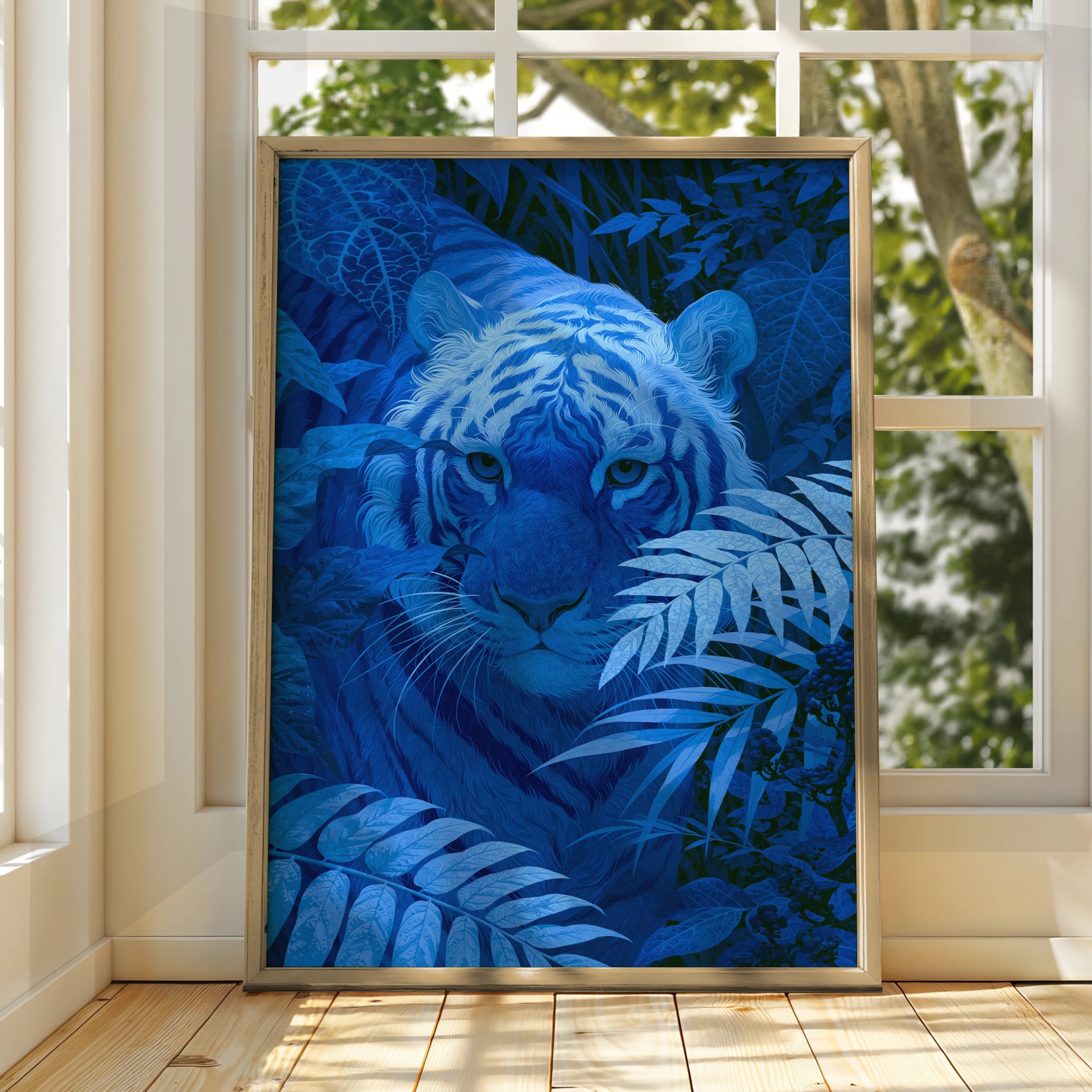 Blue Tiger Jungle Poster, Wild Cat Art Print, Tropical Botanical Wall Art