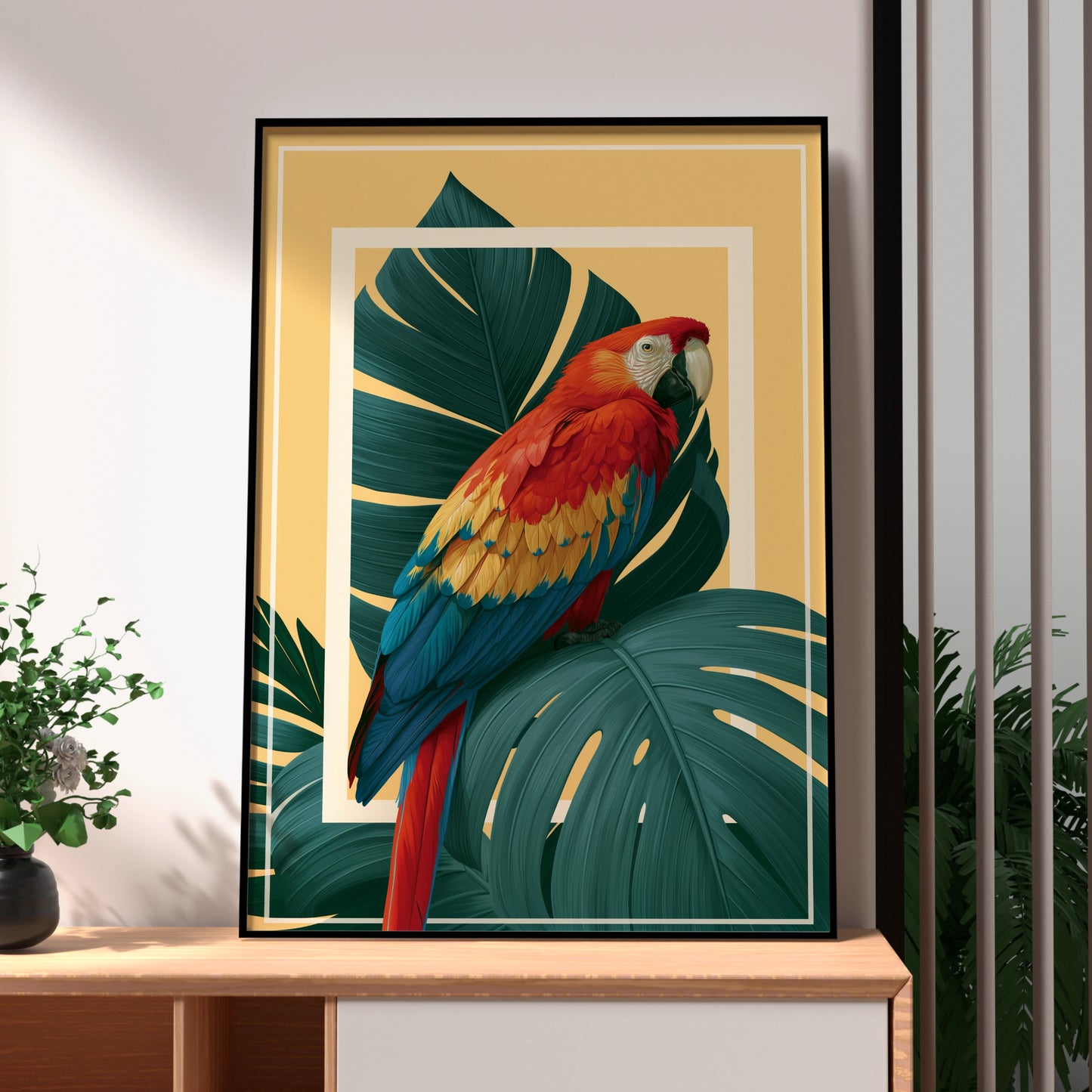 Scarlet Macaw Monstera Poster, Tropical Parrot Wall Art, Bold Botanical Print