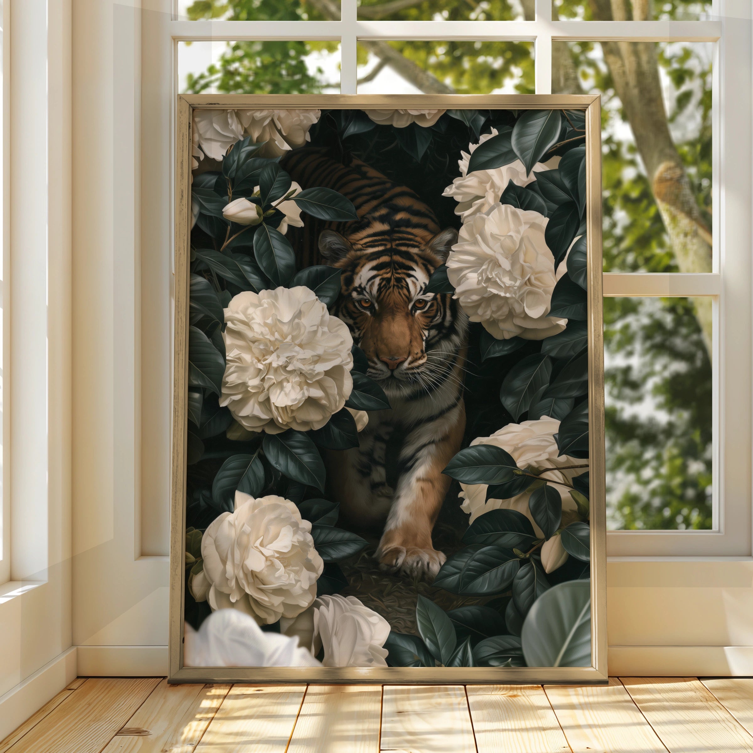 Tiger White Flowers Poster, Botanical Wildlife Wall Art, Dark Floral Print