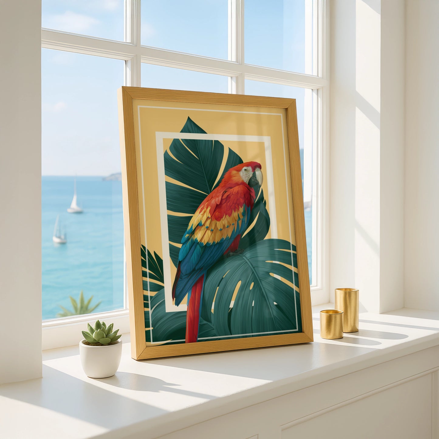 Scarlet Macaw Monstera Poster, Tropical Parrot Wall Art, Bold Botanical Print
