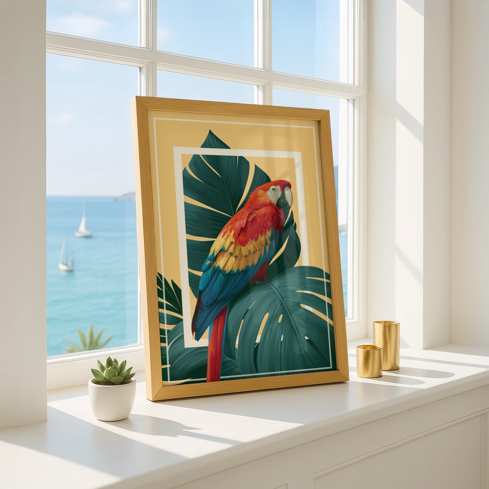 Scarlet Macaw Monstera Poster, Tropical Parrot Wall Art, Bold Botanical Print