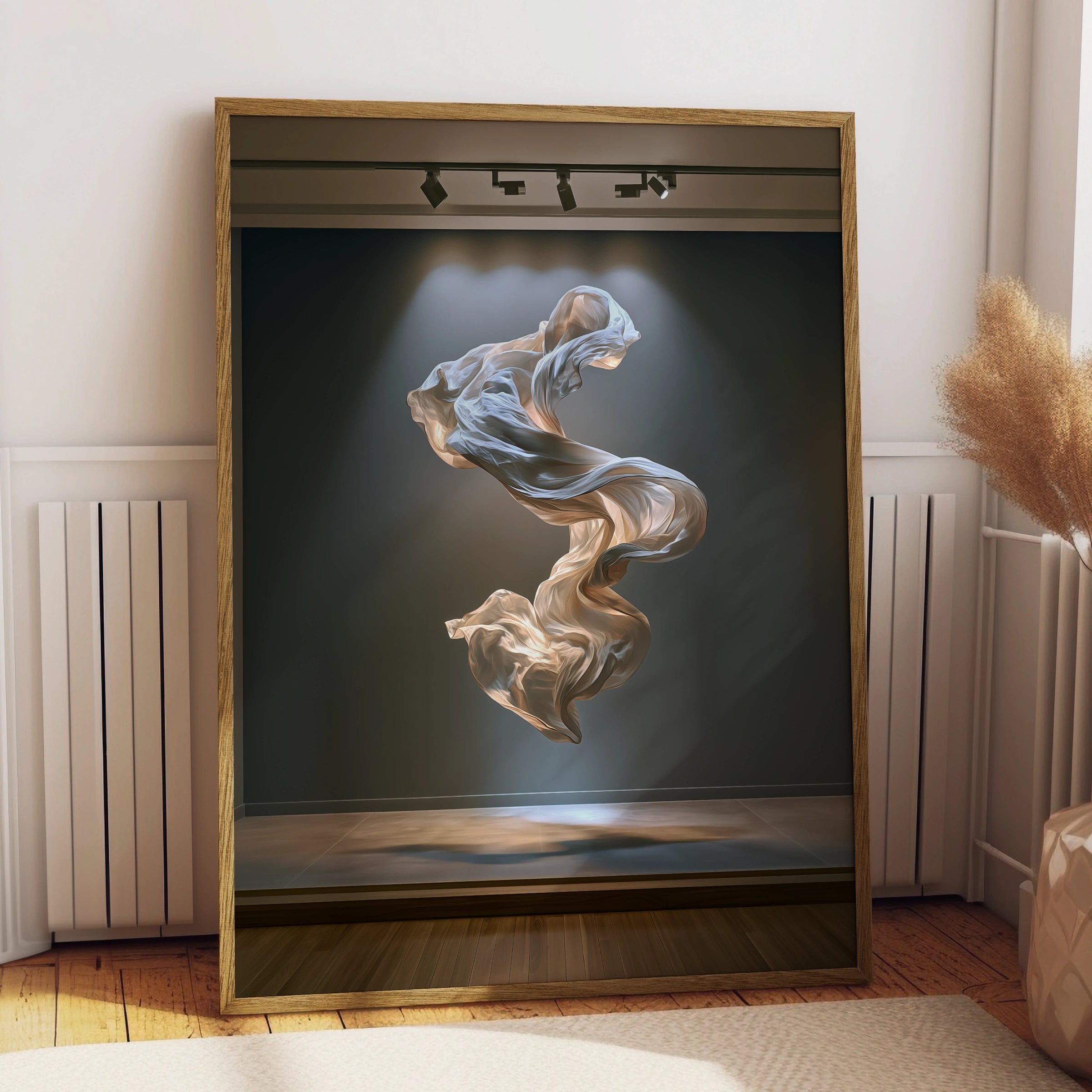Flowing Fabric Art Poster, Floating Silk Sculpture, Modern Abstract Print