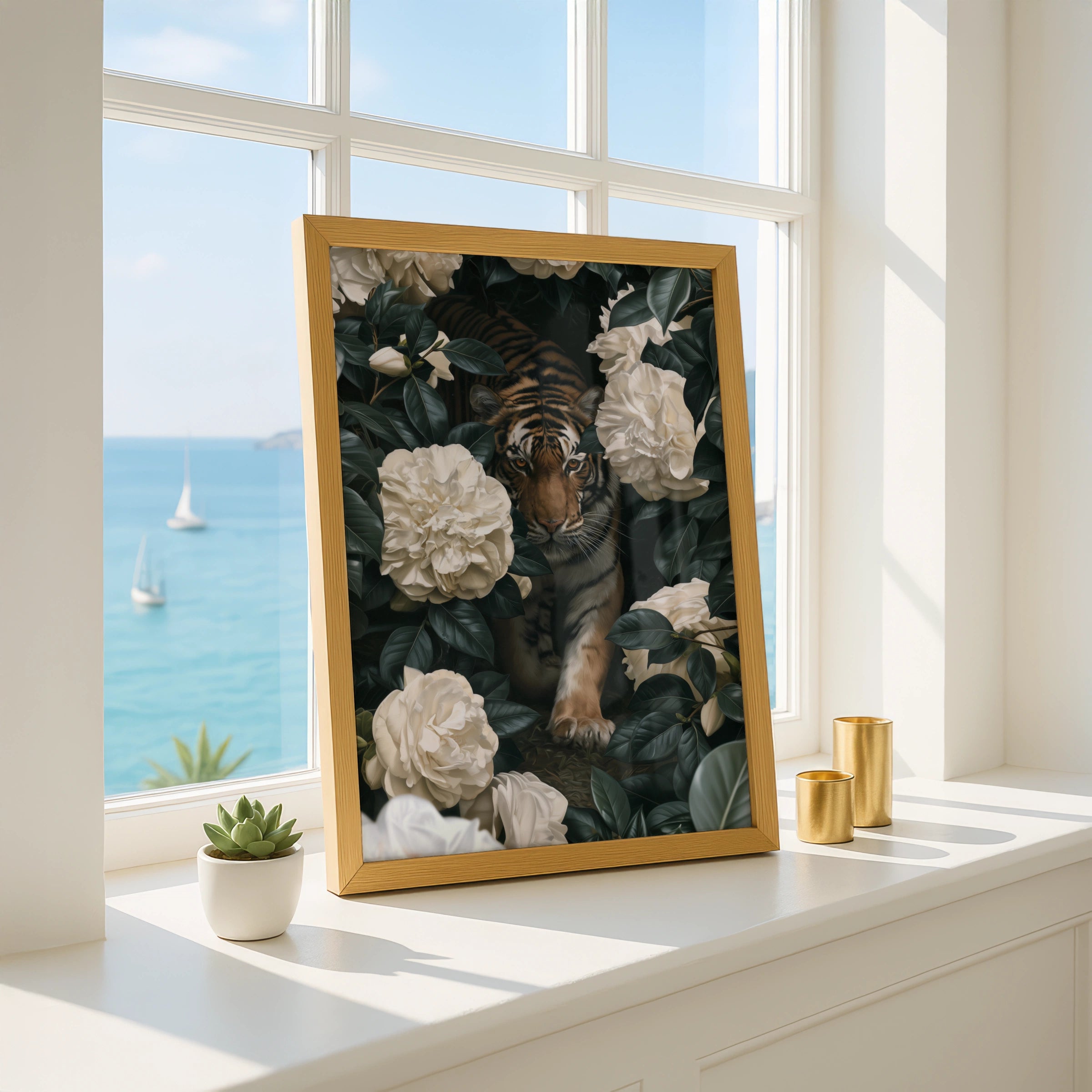 Tiger White Flowers Poster, Botanical Wildlife Wall Art, Dark Floral Print