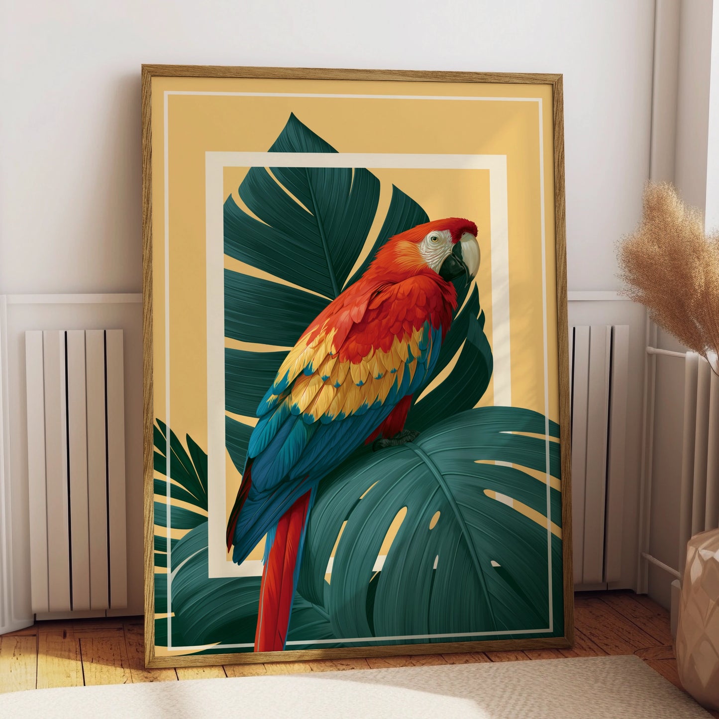 Scarlet Macaw Monstera Poster, Tropical Parrot Wall Art, Bold Botanical Print
