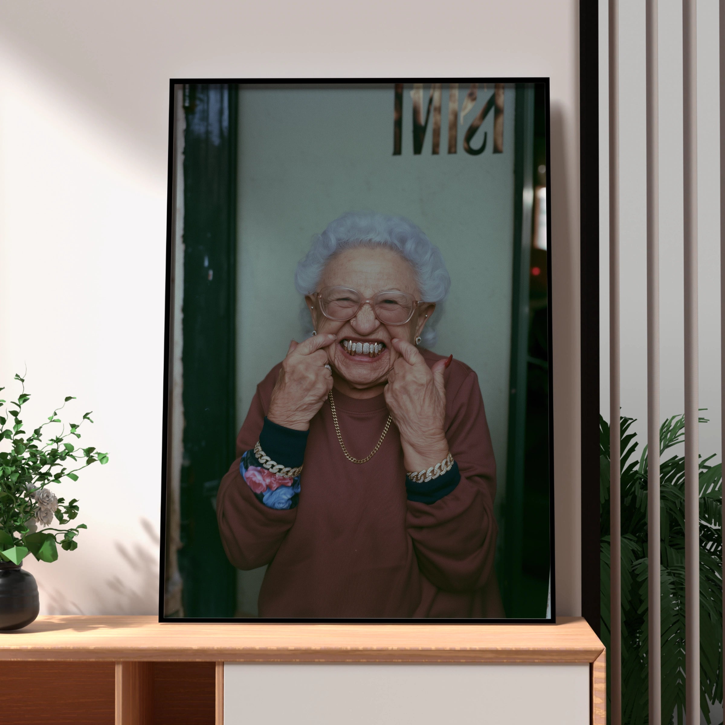 Grandma Grills Poster, Funny Old Lady Gold Teeth, Humorous Street Photography Print