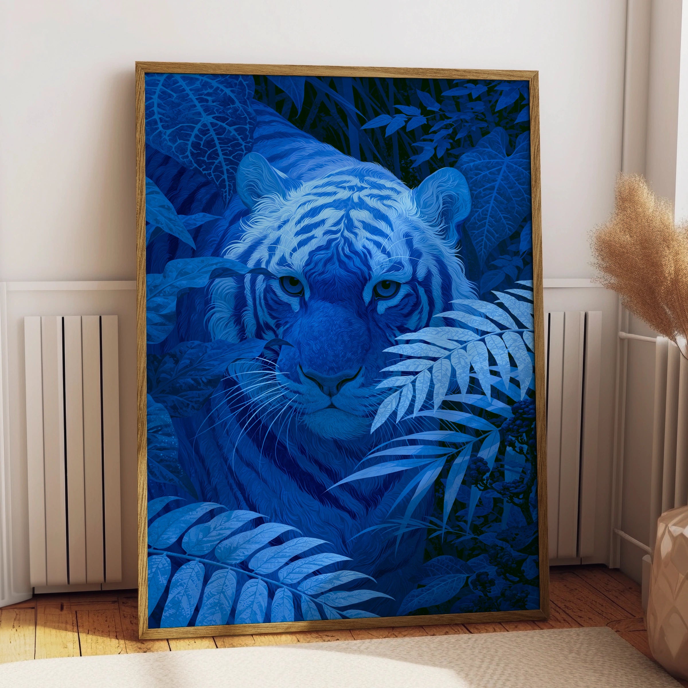 Blue Tiger Jungle Poster, Wild Cat Art Print, Tropical Botanical Wall Art