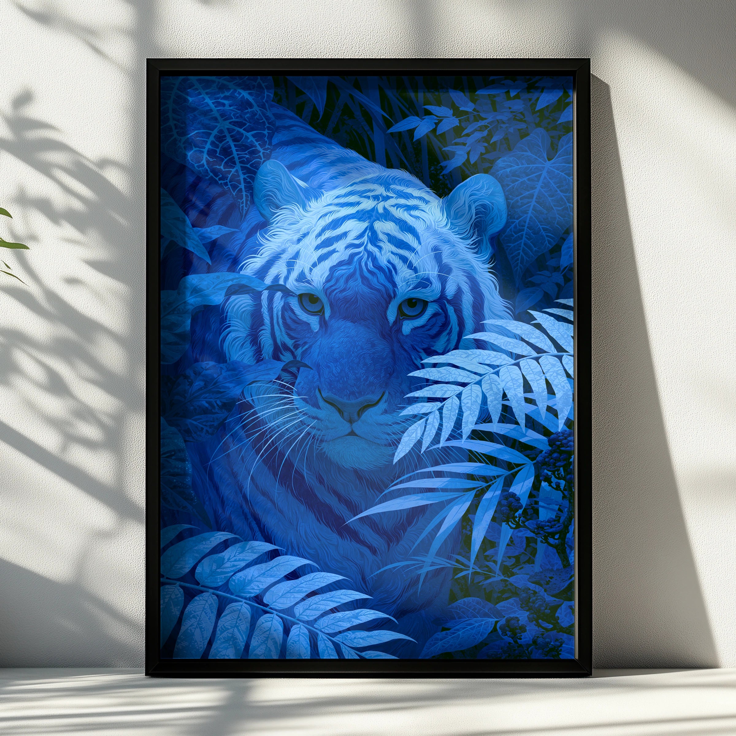 Blue Tiger Jungle Poster, Wild Cat Art Print, Tropical Botanical Wall Art