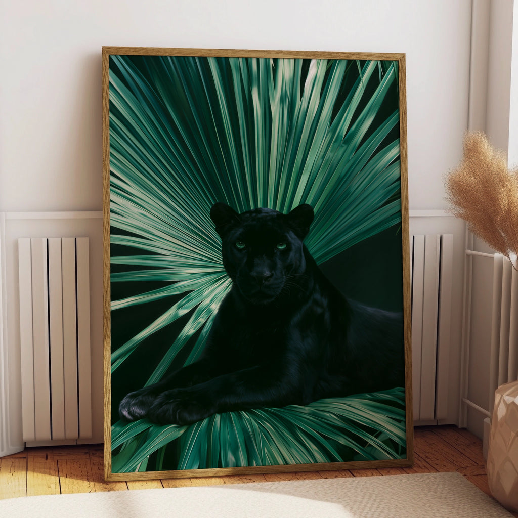 Black Panther Palm Leaf Poster, Tropical Wildlife Wall Art, Dark Jungle Print