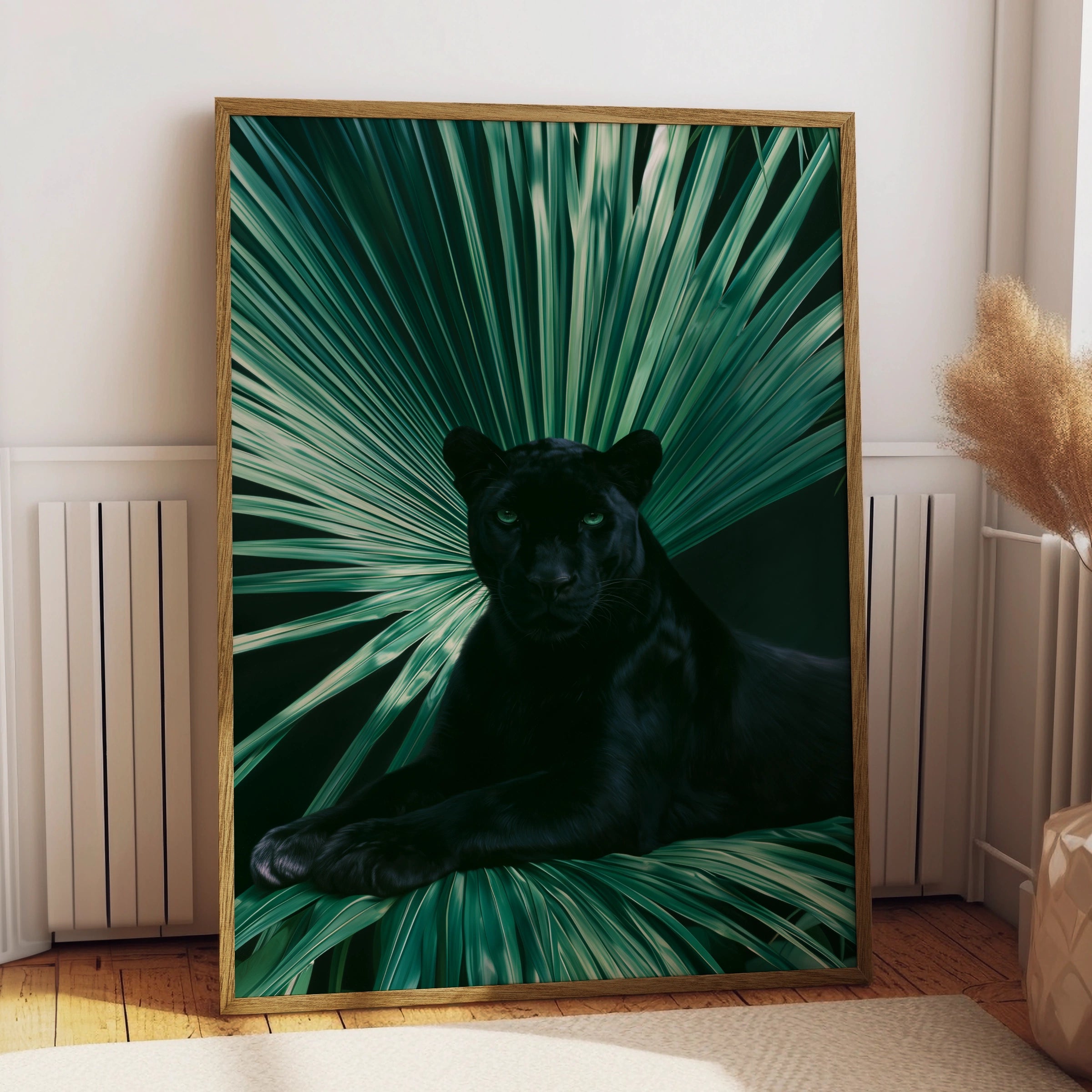 Black Panther Palm Leaf Poster, Tropical Wildlife Wall Art, Dark Jungle Print