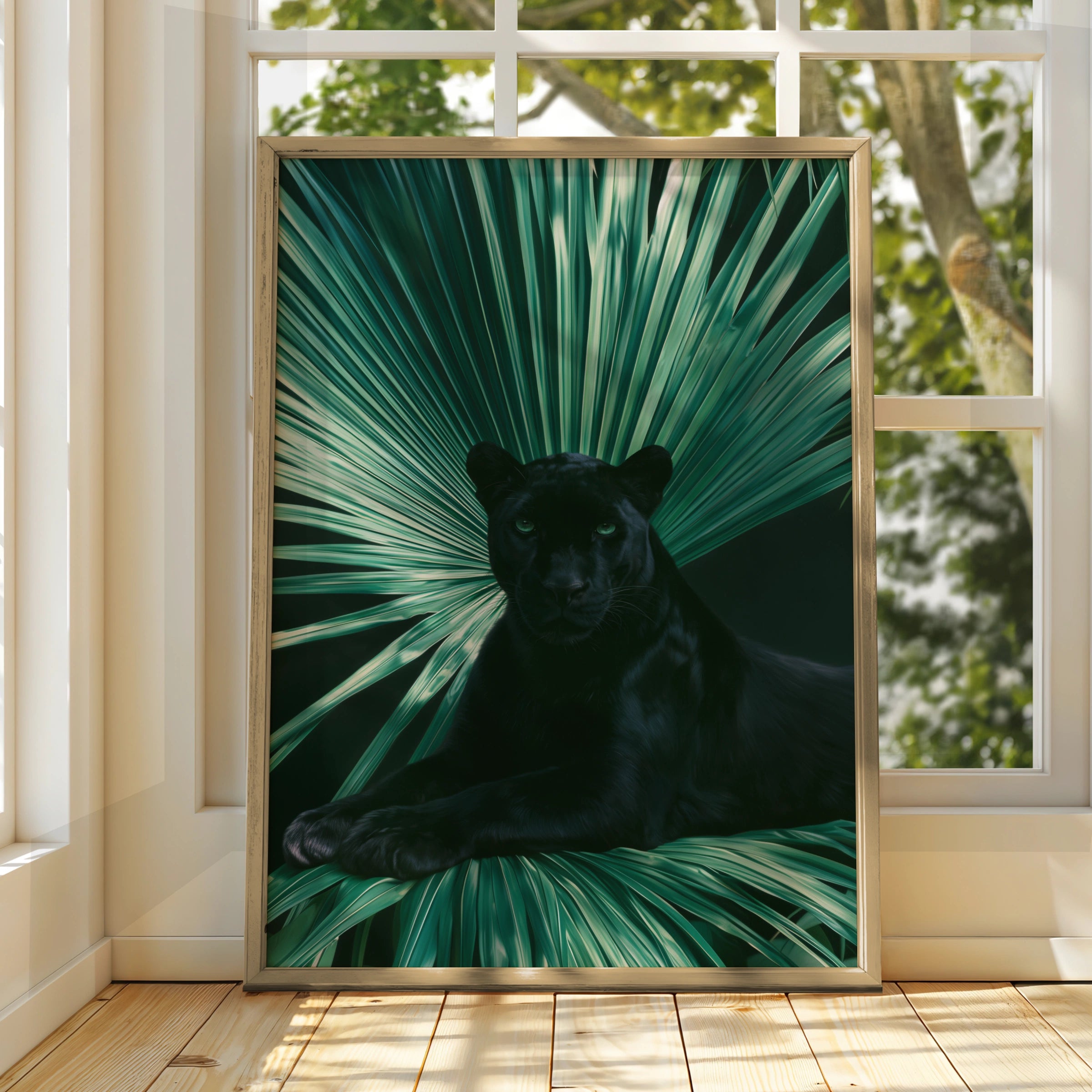 Black Panther Palm Leaf Poster, Tropical Wildlife Wall Art, Dark Jungle Print