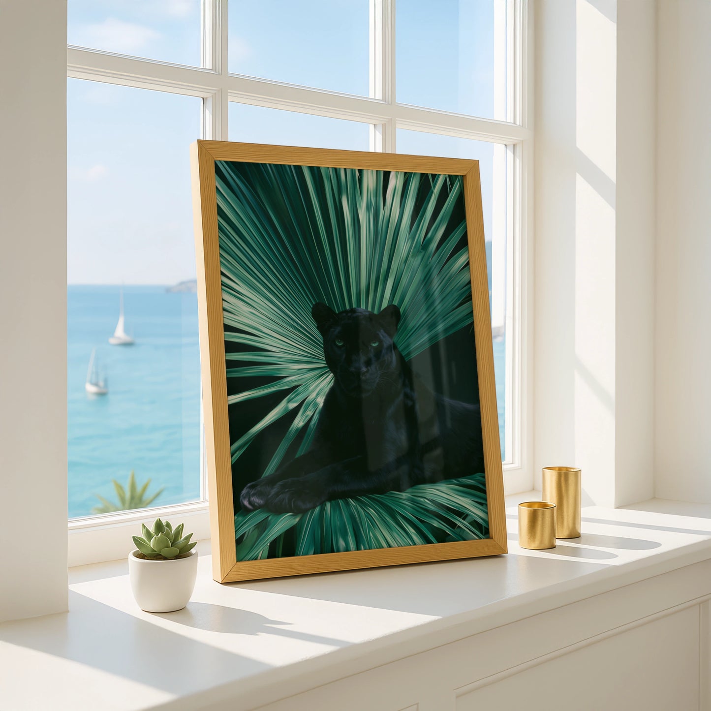 Black Panther Palm Leaf Poster, Tropical Wildlife Wall Art, Dark Jungle Print