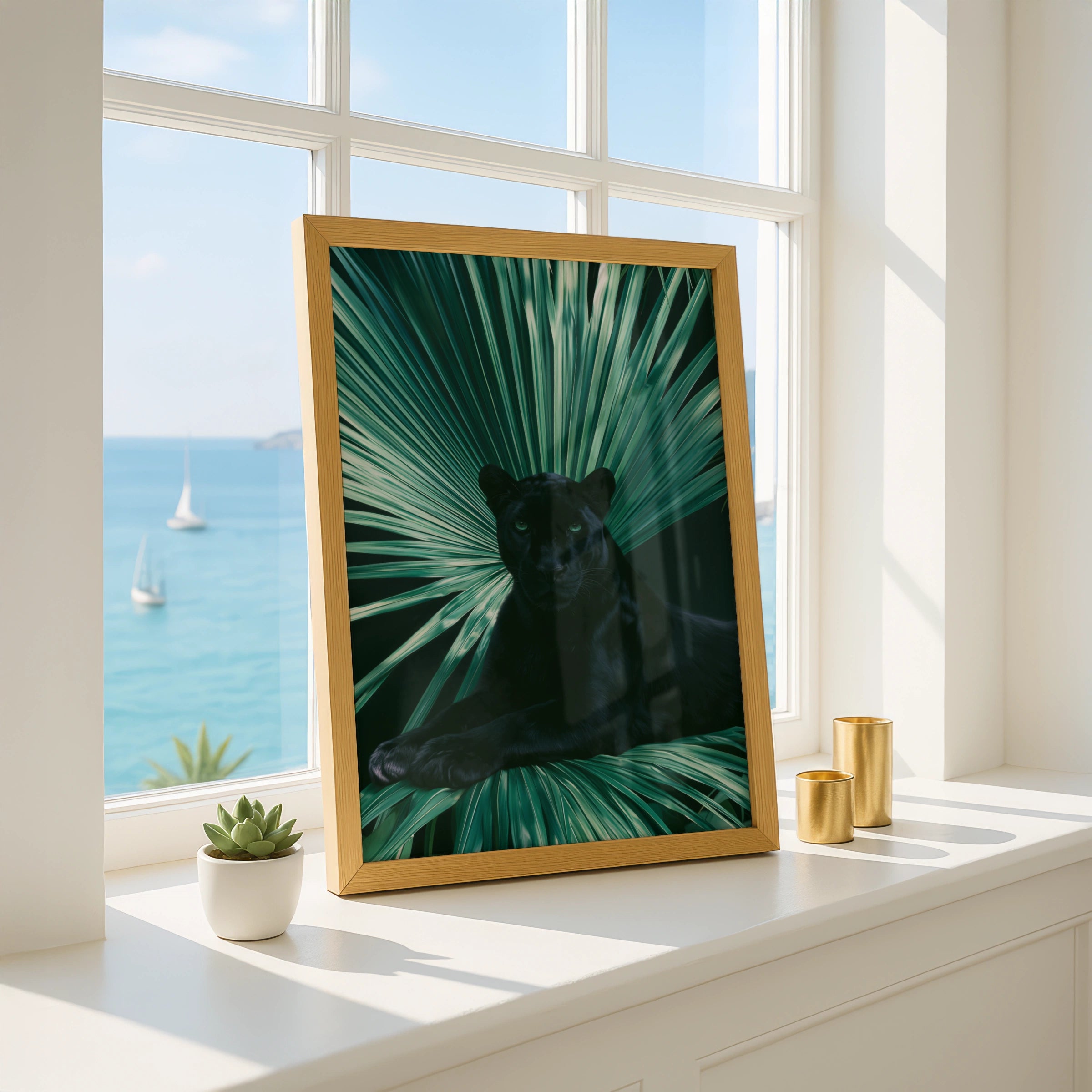 Black Panther Palm Leaf Poster, Tropical Wildlife Wall Art, Dark Jungle Print