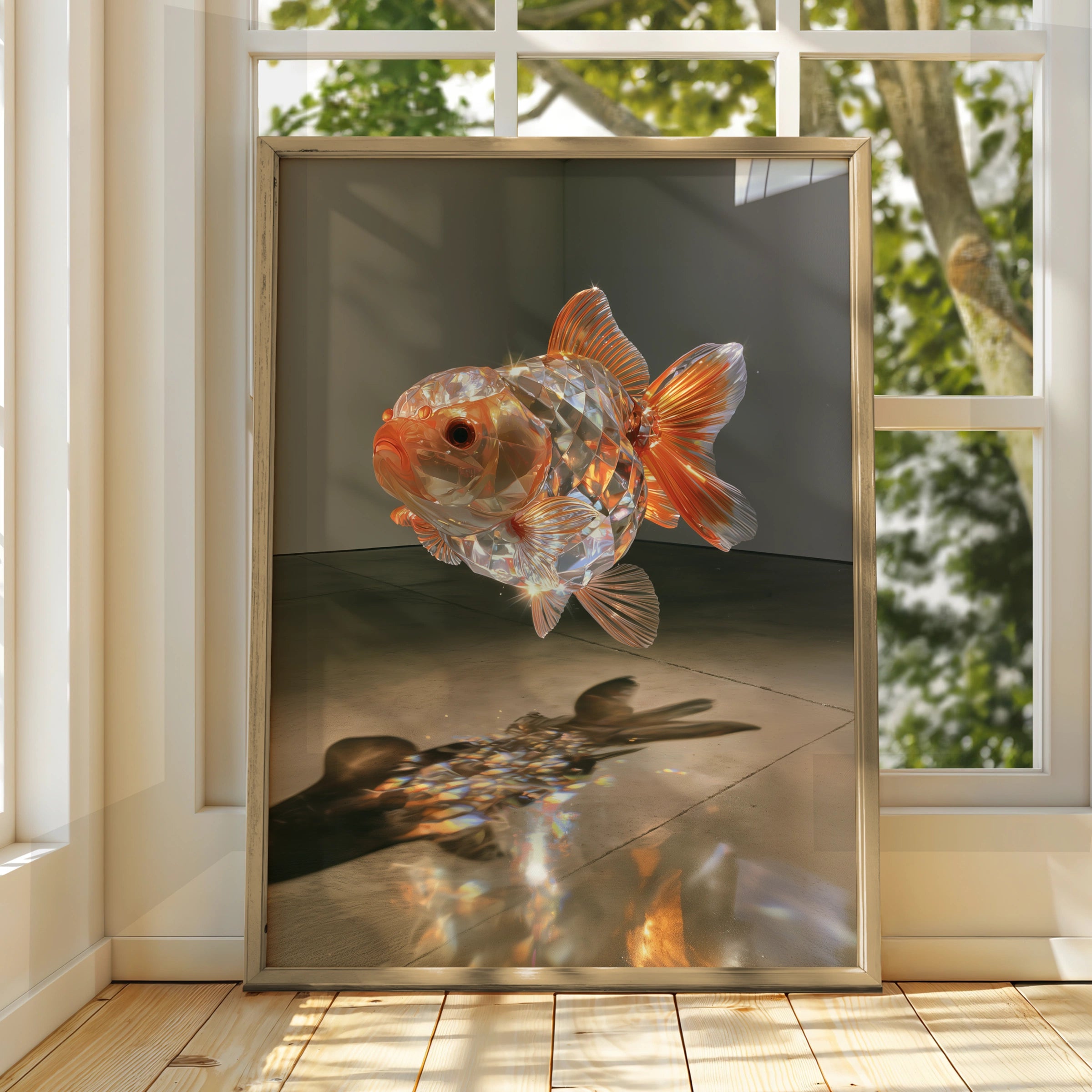 Crystal Goldfish Poster, Glass Sculpture Art Print, Orange Iridescent Wall Art