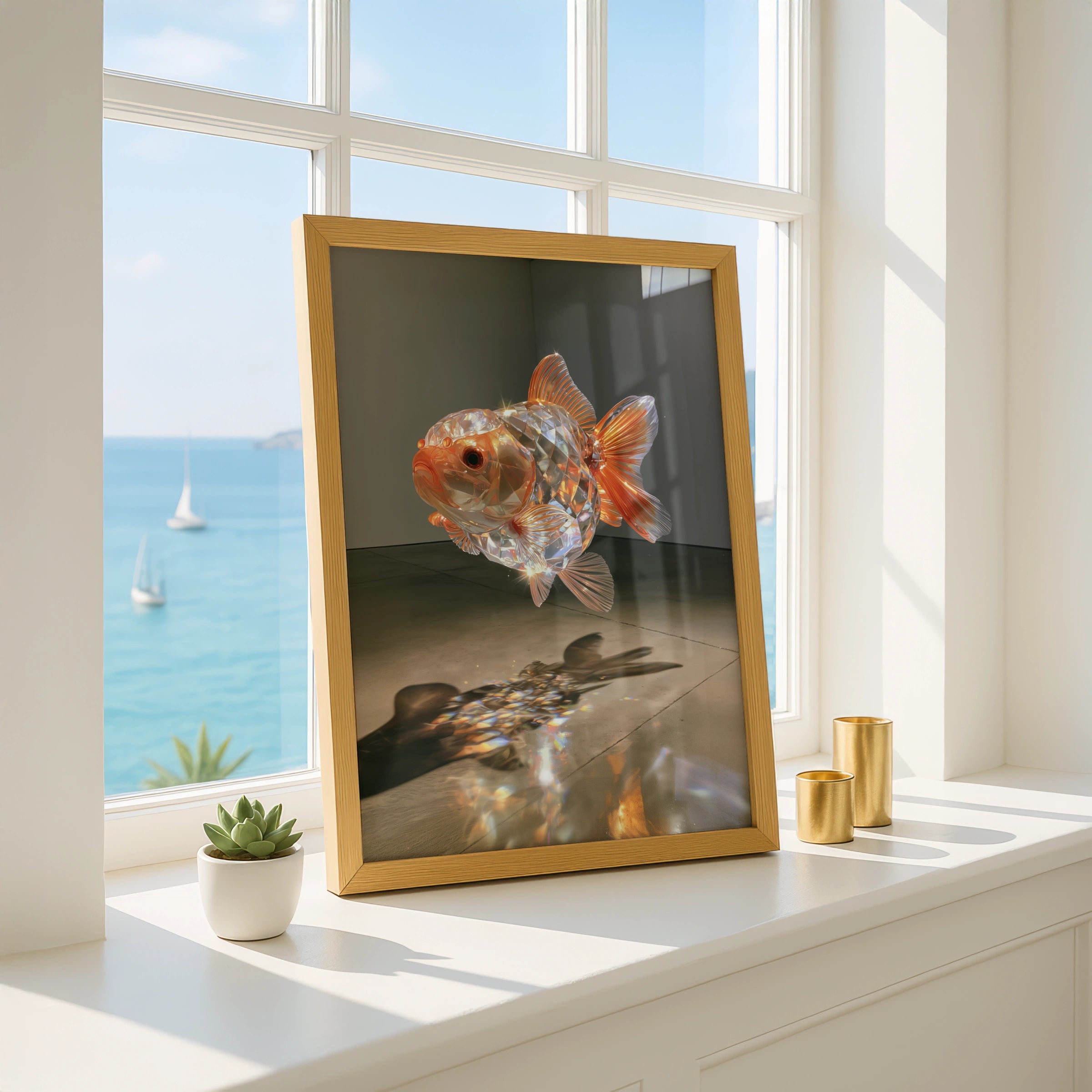 Crystal Goldfish Poster, Glass Sculpture Art Print, Orange Iridescent Wall Art